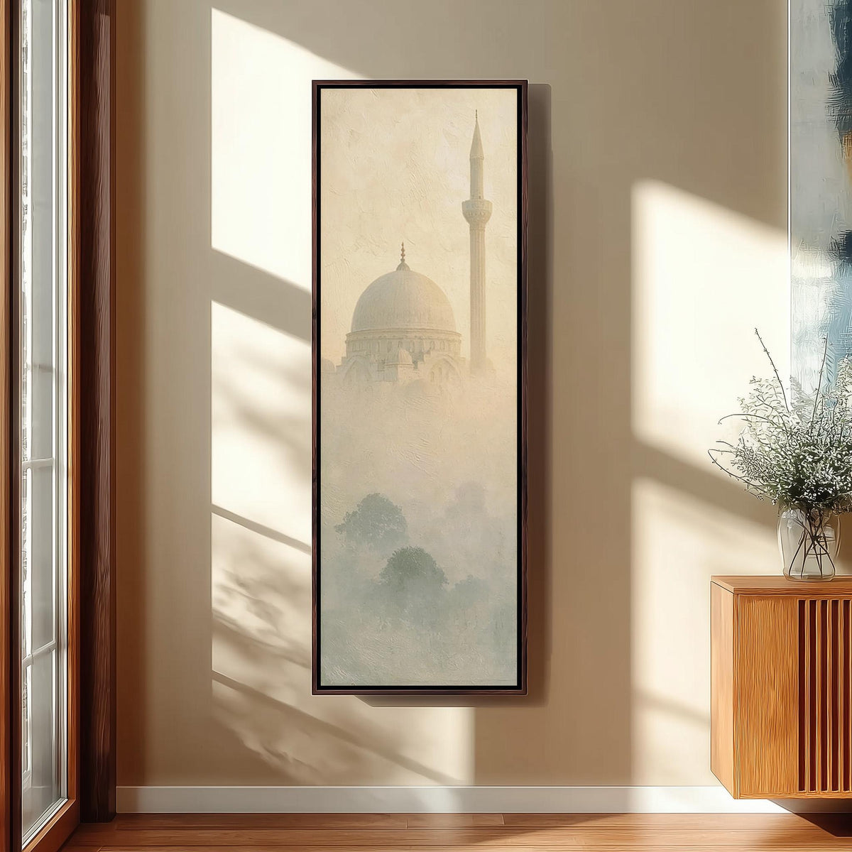 Mosque dome and minaret in the mist tall skinny canvas print in a sunlit living space