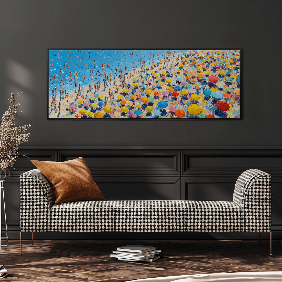 a large, colorful painting of a beach scene with many people and umbrellas, hanging on a wall above a brown sofa.