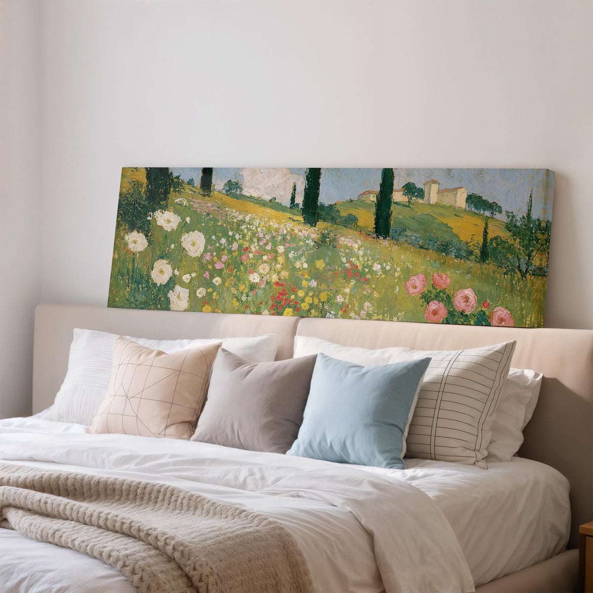 Tuscan wildflower hillside with cypress trees wide panoramic canvas print above a bed in a bedroom