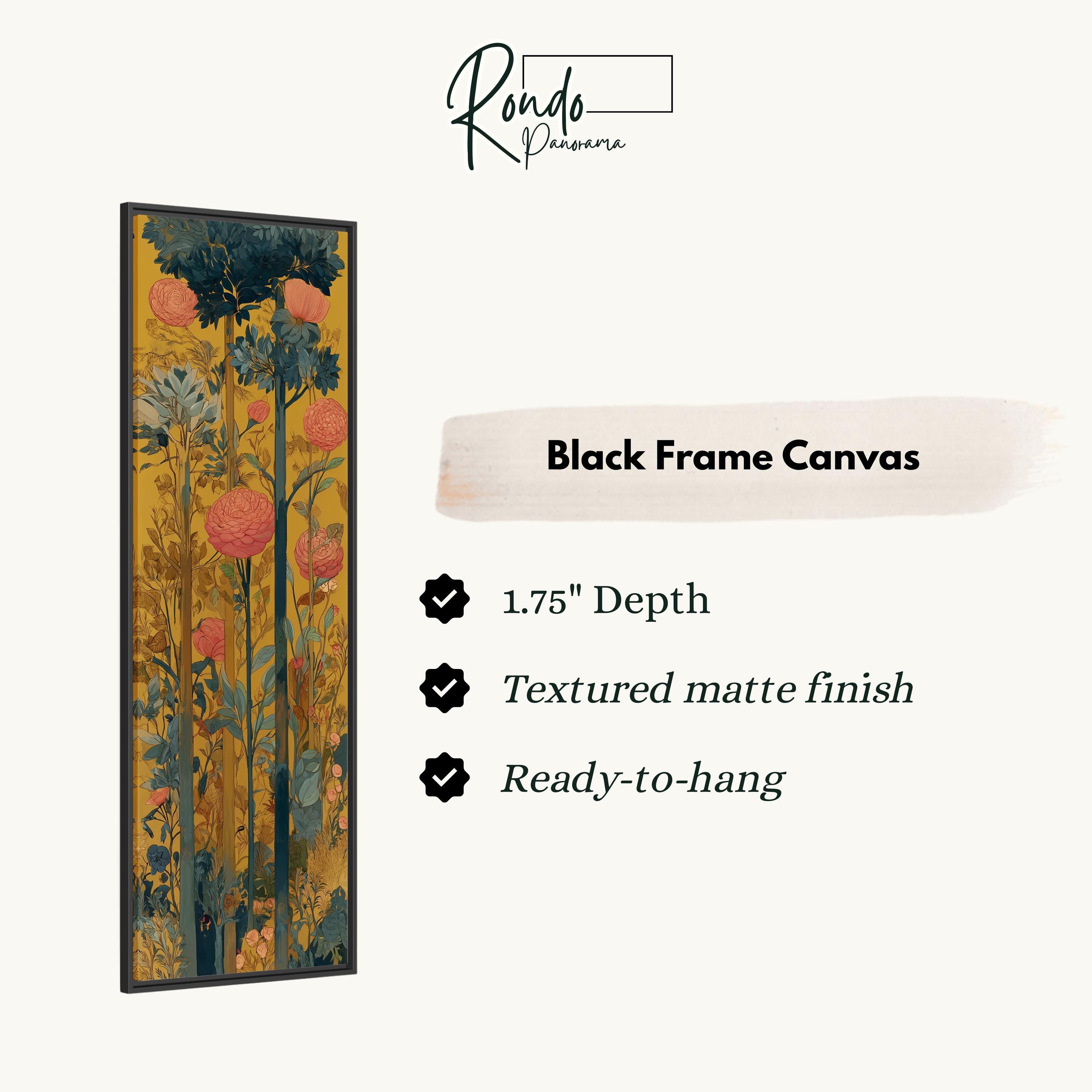 The image is a black frame canvas with a floral design, featuring a variety of flowers and plants.