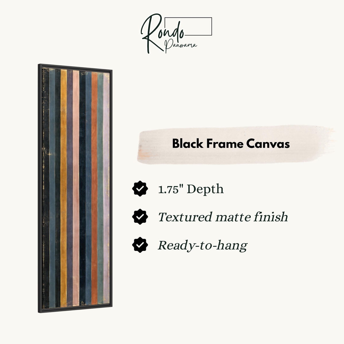 Vertical stripes in navy, rust and mauve canvas print in a black floating frame