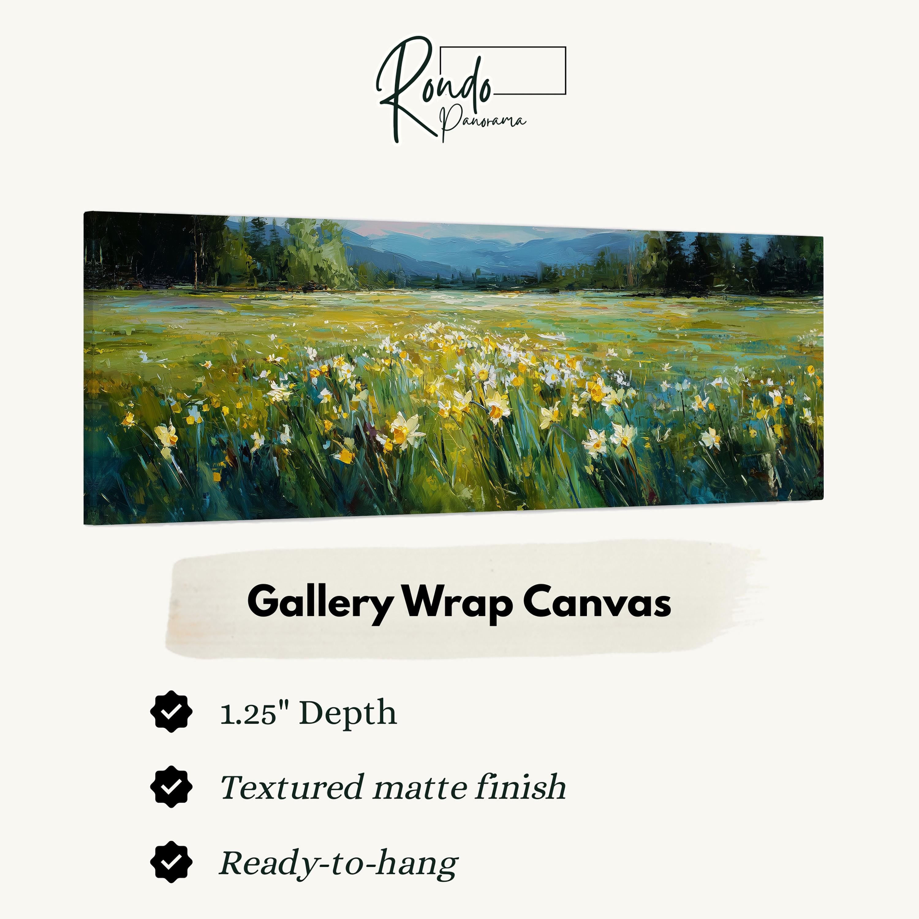 The image is a painting of a field of flowers, specifically a field of daffodils.