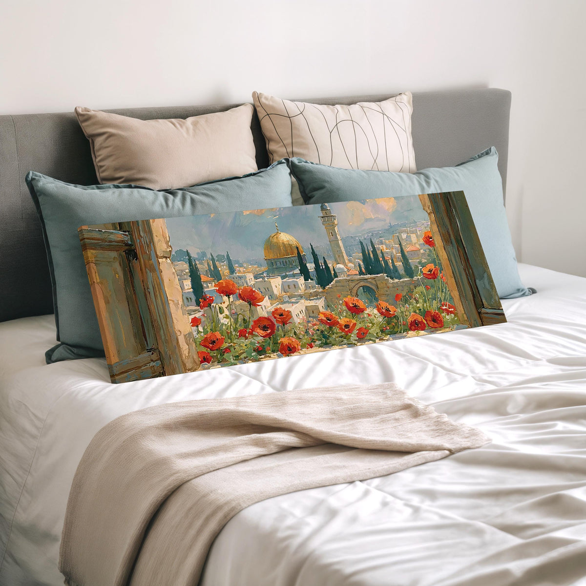 Jerusalem skyline through a window with poppies wide panoramic canvas print laid on a bed to show its size