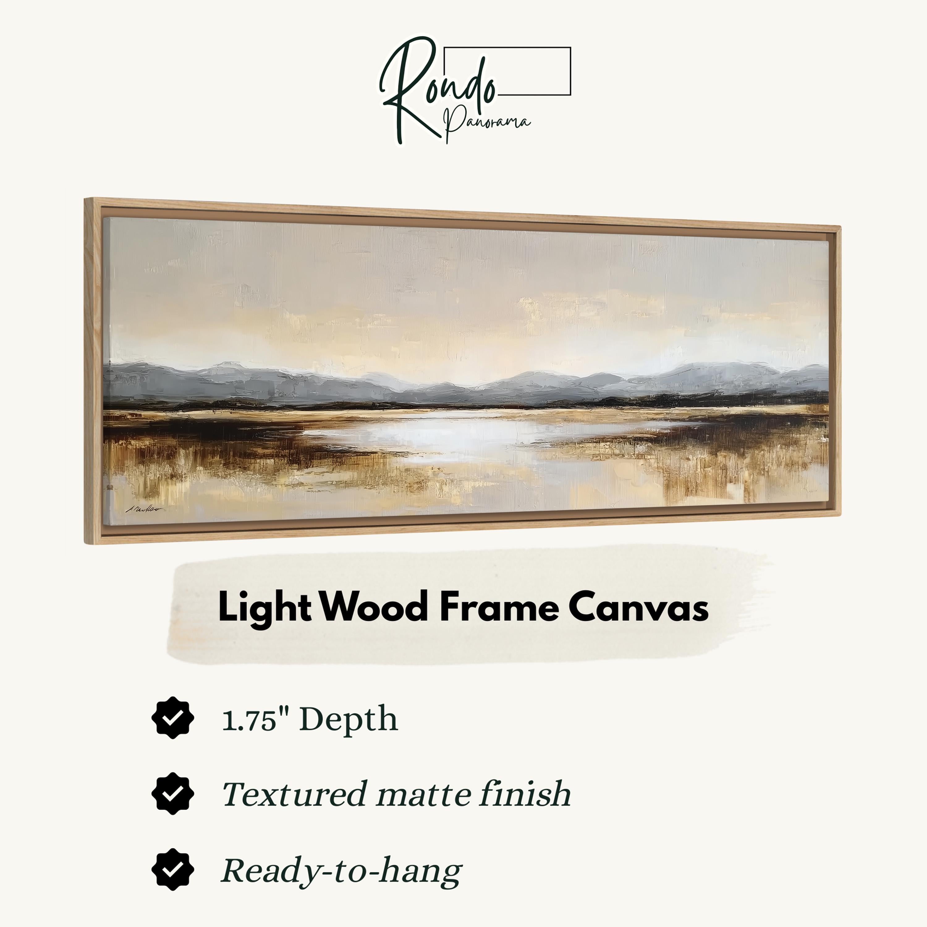 The image is a framed artwork depicting a serene landscape with a lake and mountains in the background.