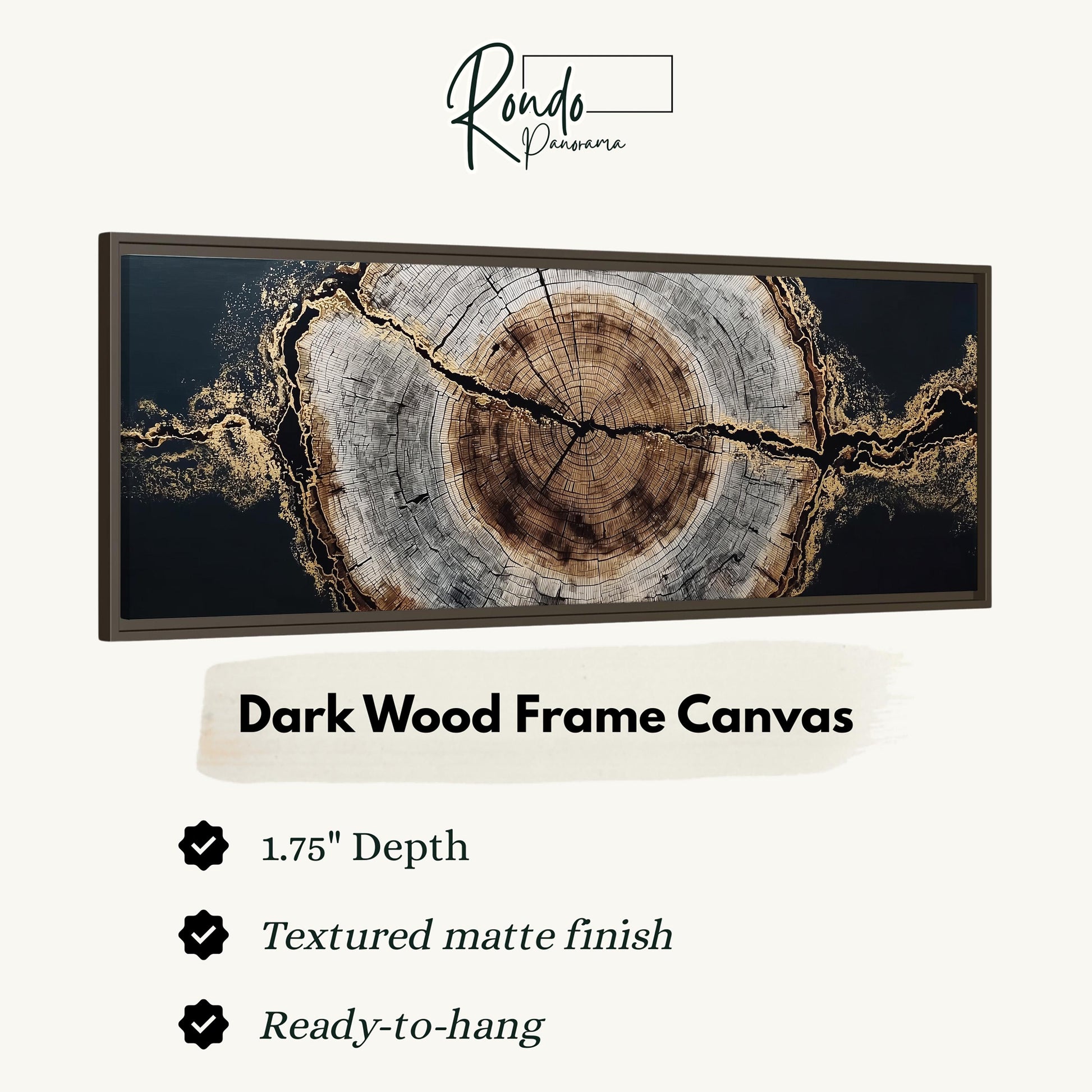 The image is a framed canvas depicting a tree stump with a cross-section view, showcasing the intricate patterns and textures of the wood.