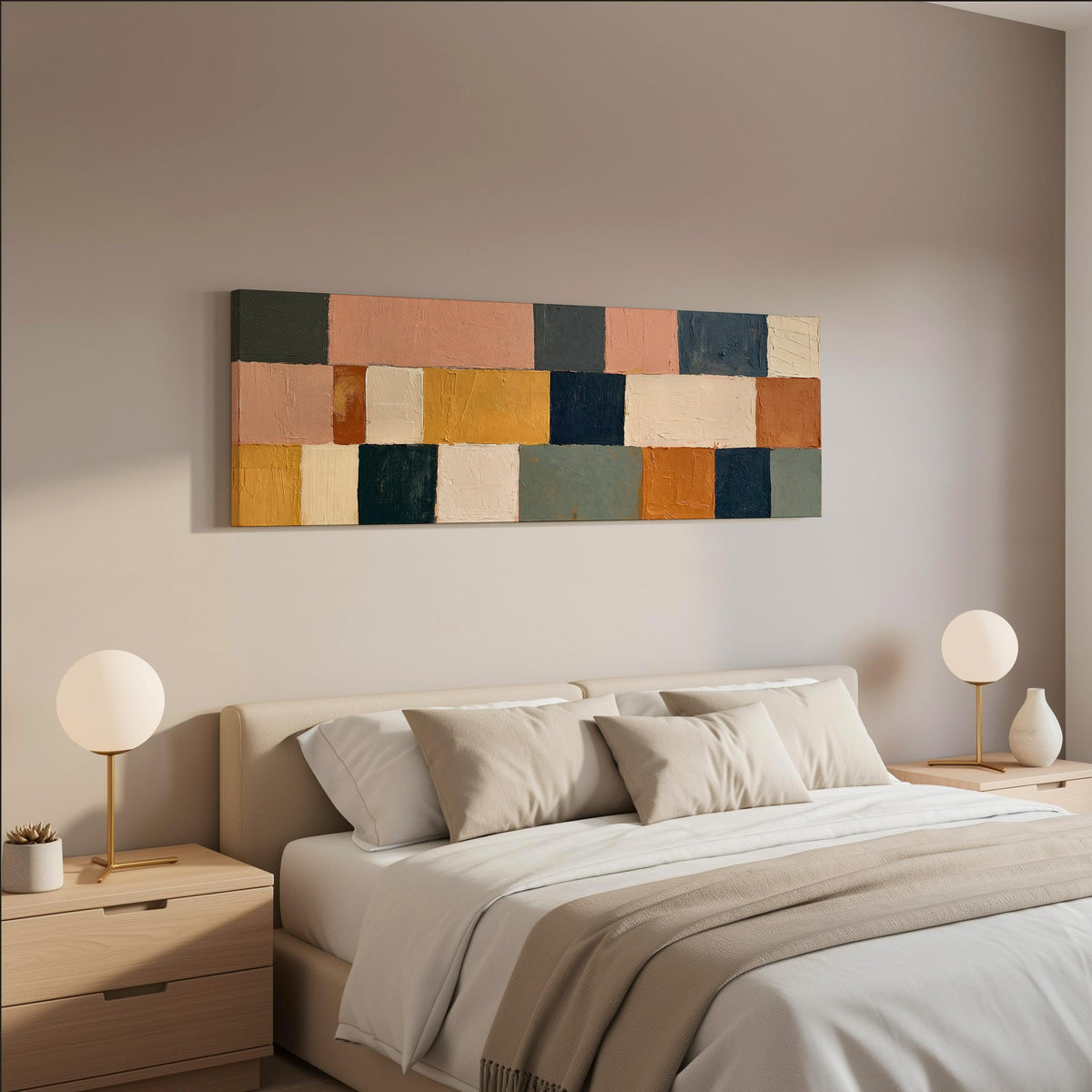 Mustard, sage, blush and navy patchwork wide panoramic canvas print above a bed in a neutral bedroom