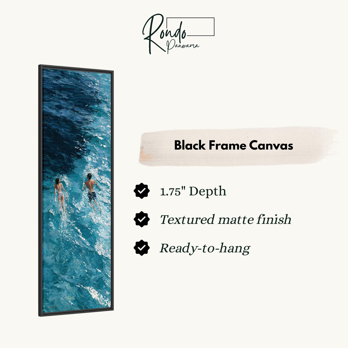 Two swimmers in deep blue waves canvas print in a black floating frame