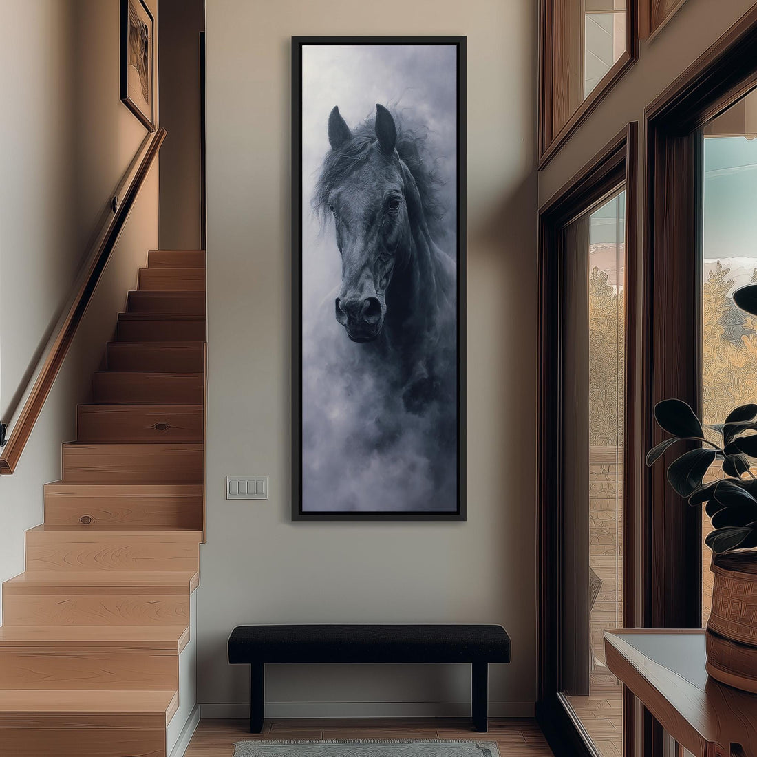 a large black horse portrait hanging on the wall in a hallway.