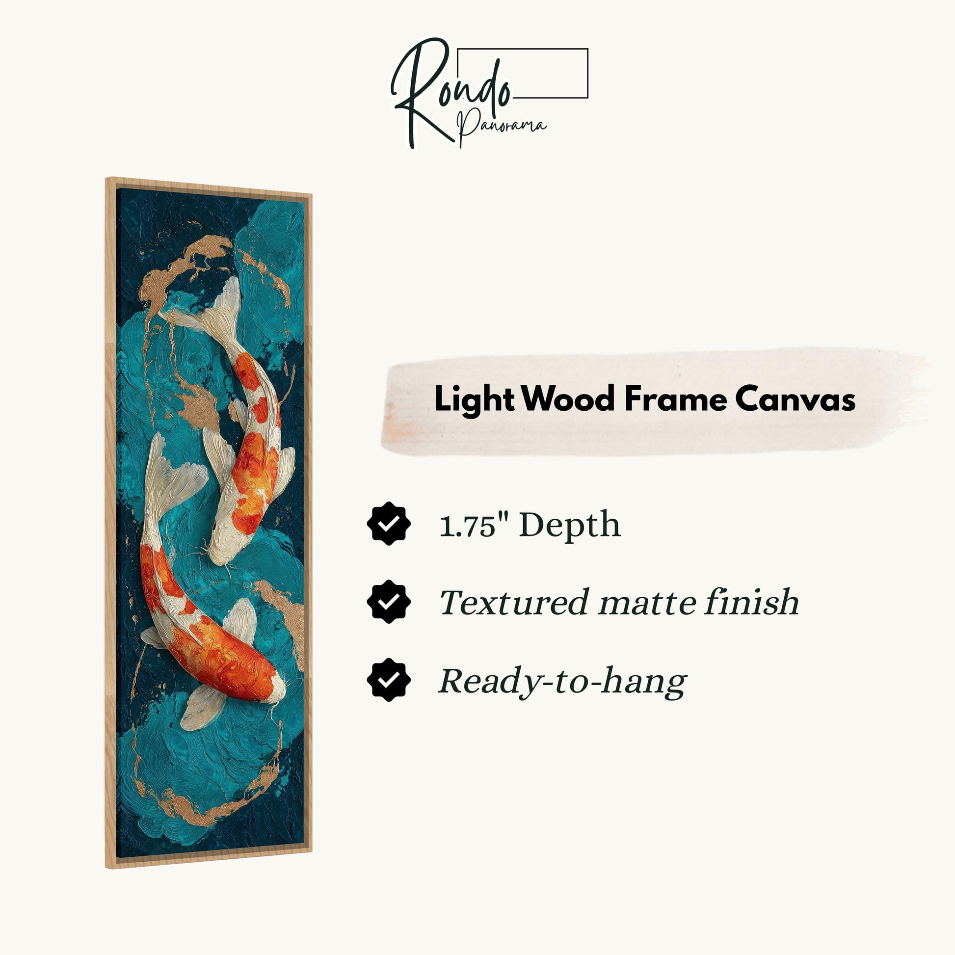 The image is a vertical text box with information about a light wood frame canvas. It includes a description of the canvas, such as its 1.75" depth, textured matte finish, and ready-to-hang feature.