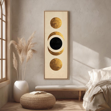 a serene and minimalist bedroom with a large abstract painting featuring three circles on the wall, a white bed with white linens, a white ottoman, and a potted plant.