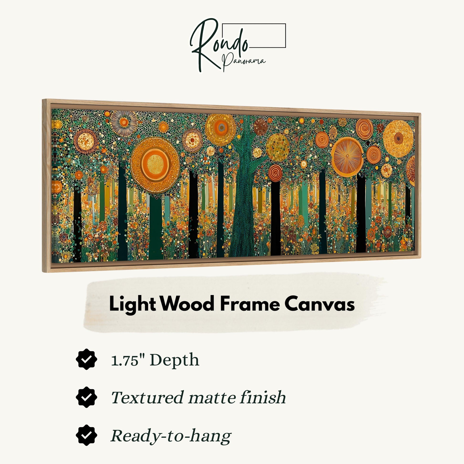 The image is a framed artwork depicting a forest scene with a variety of trees and flowers.