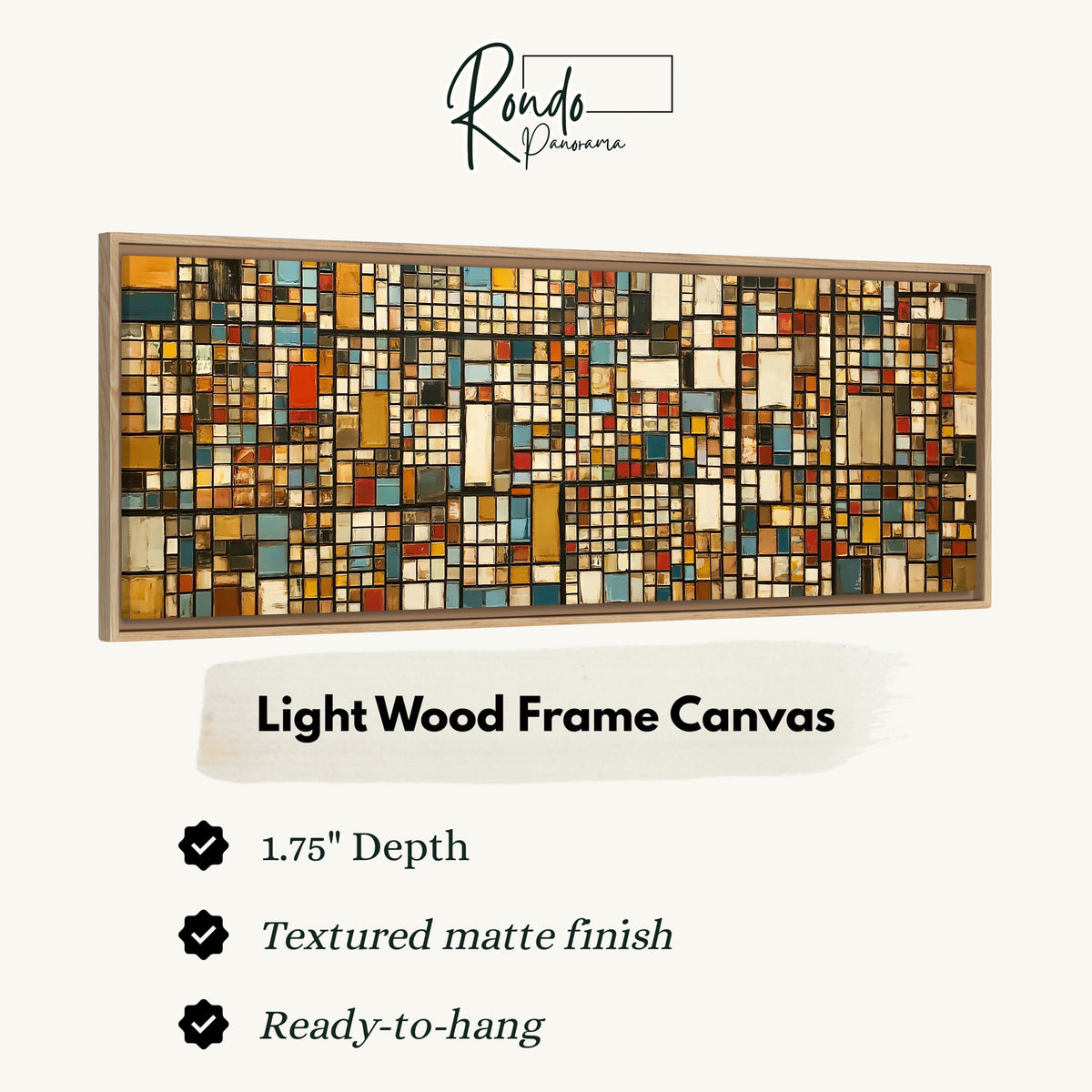 Ochre and blue mosaic tiles with red accents canvas print in a light wood floating frame