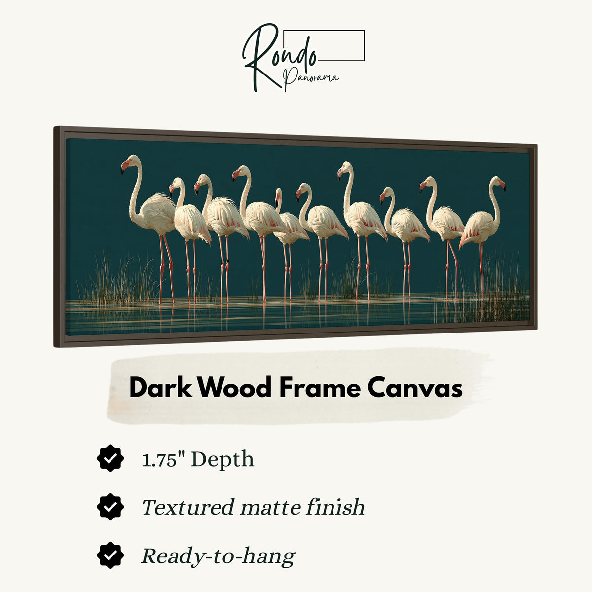 Pale flamingos wading on teal canvas print in a dark wood floating frame