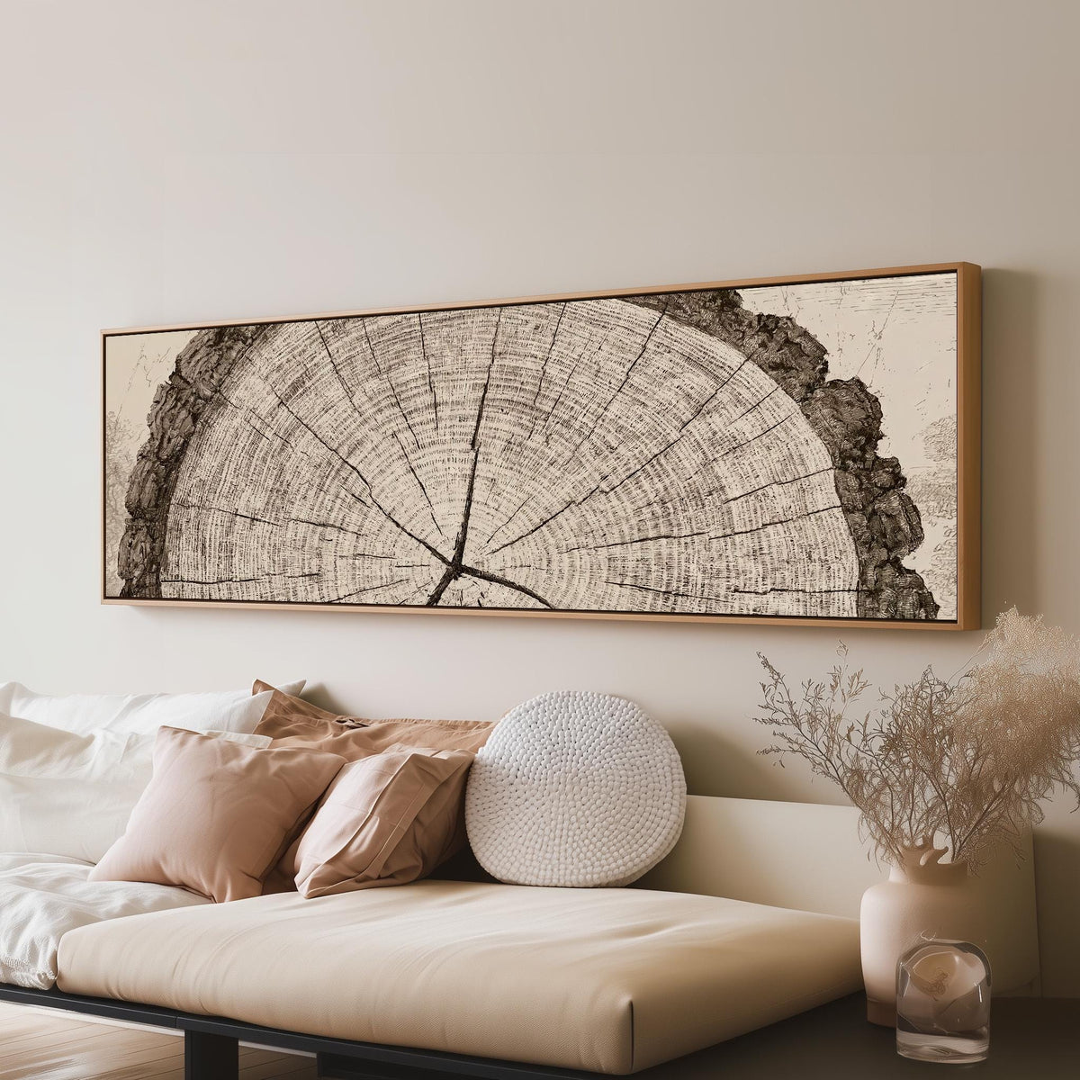 Sepia tree ring with radial cracks long horizontal canvas print above a sofa in a living room