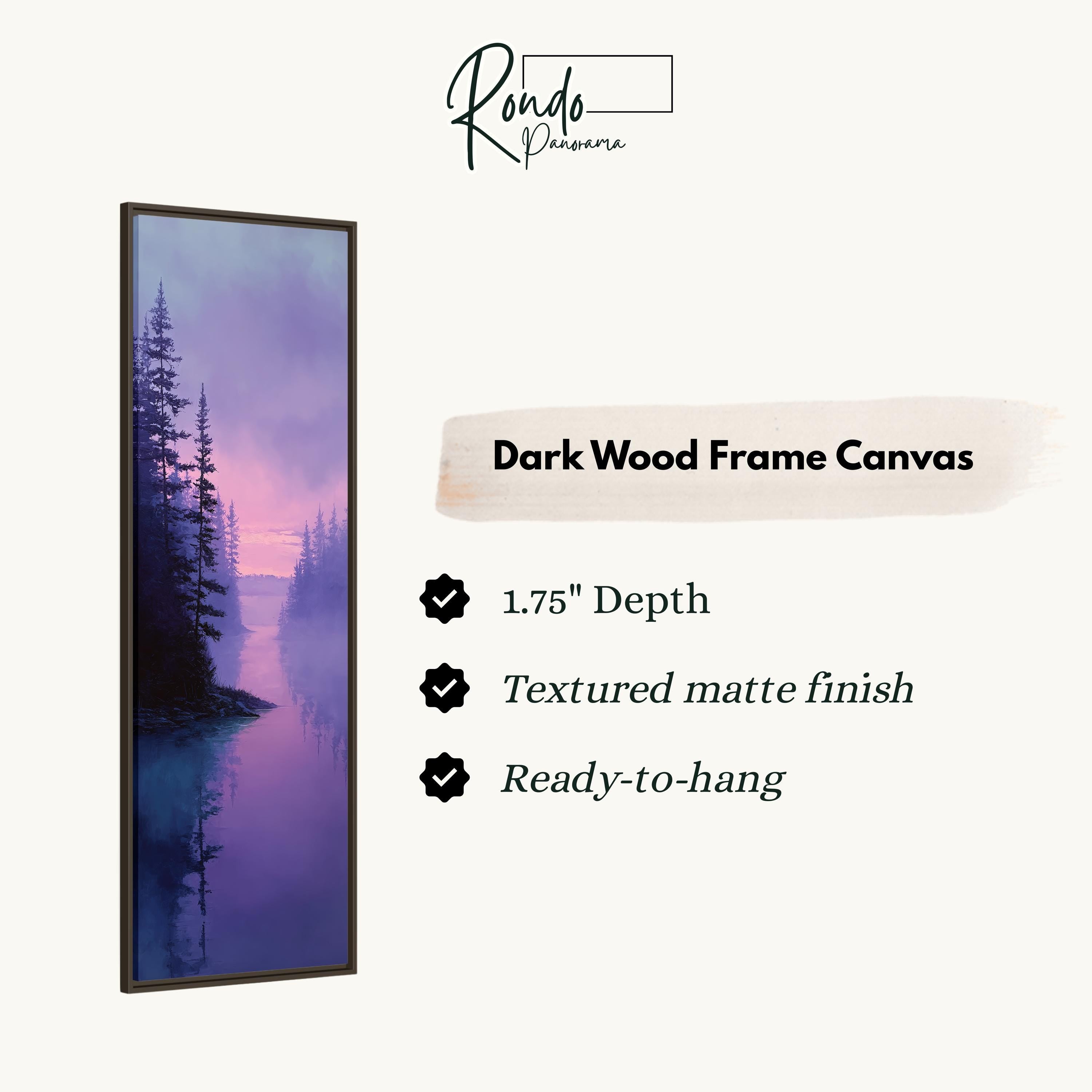 The image is a dark wood frame canvas depicting a serene landscape with a forest and a body of water.