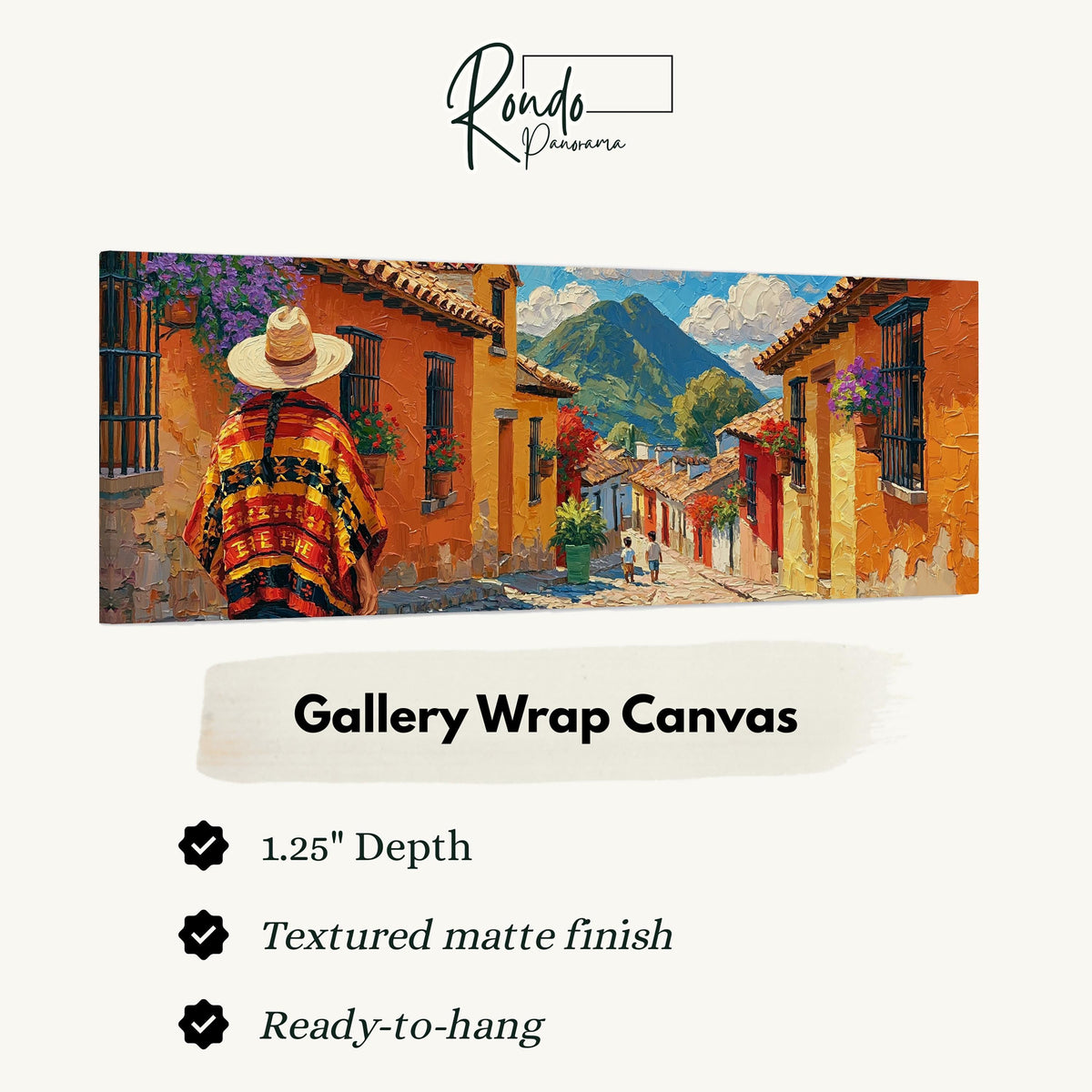 Colorful Guatemalan street with volcano view gallery wrap canvas with the image wrapped around the edges