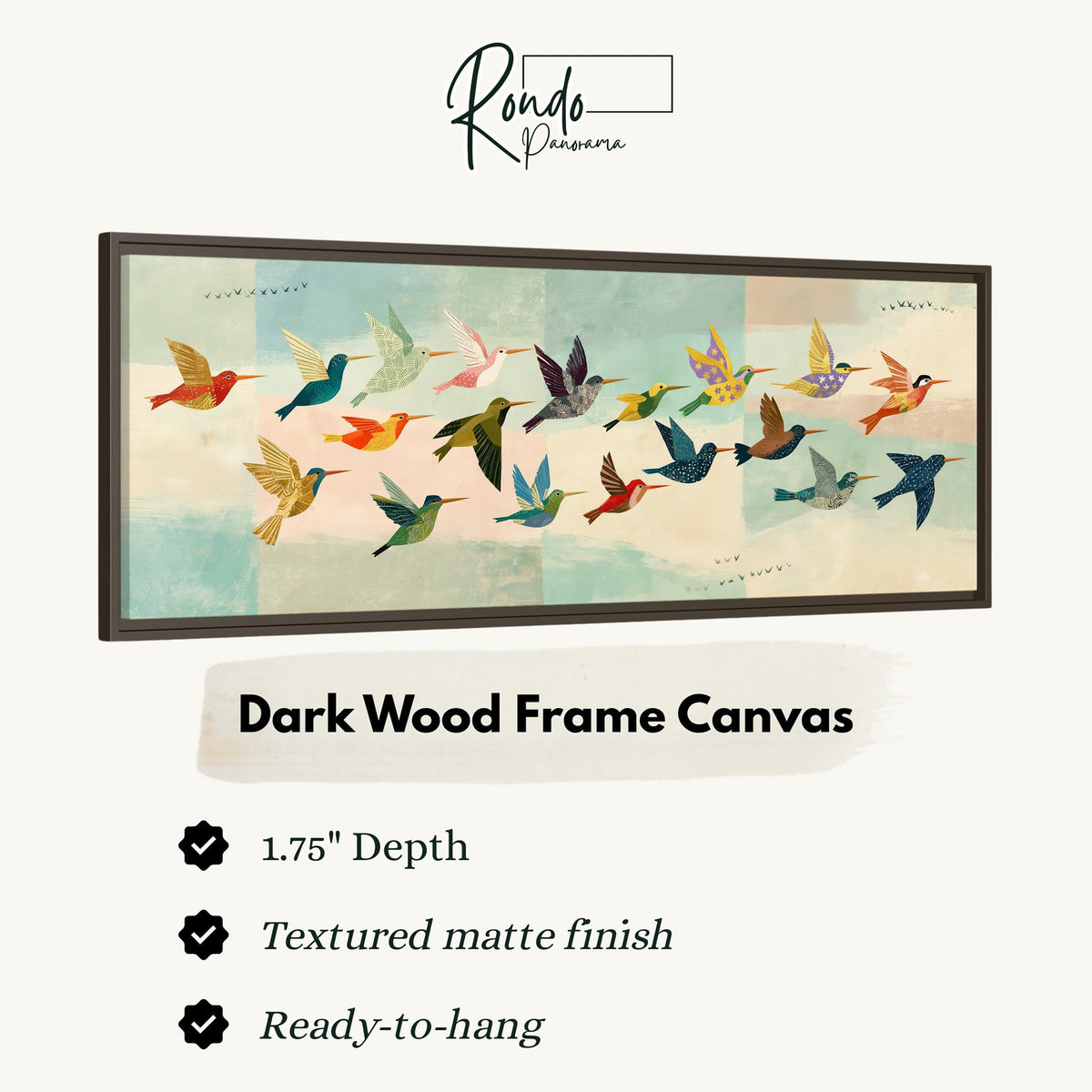 Flock of colorful hummingbirds canvas print in a dark wood floating frame