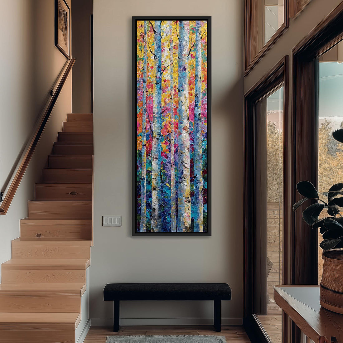 a large, colorful painting of trees hanging on a wall in a room with a wooden floor and a window.