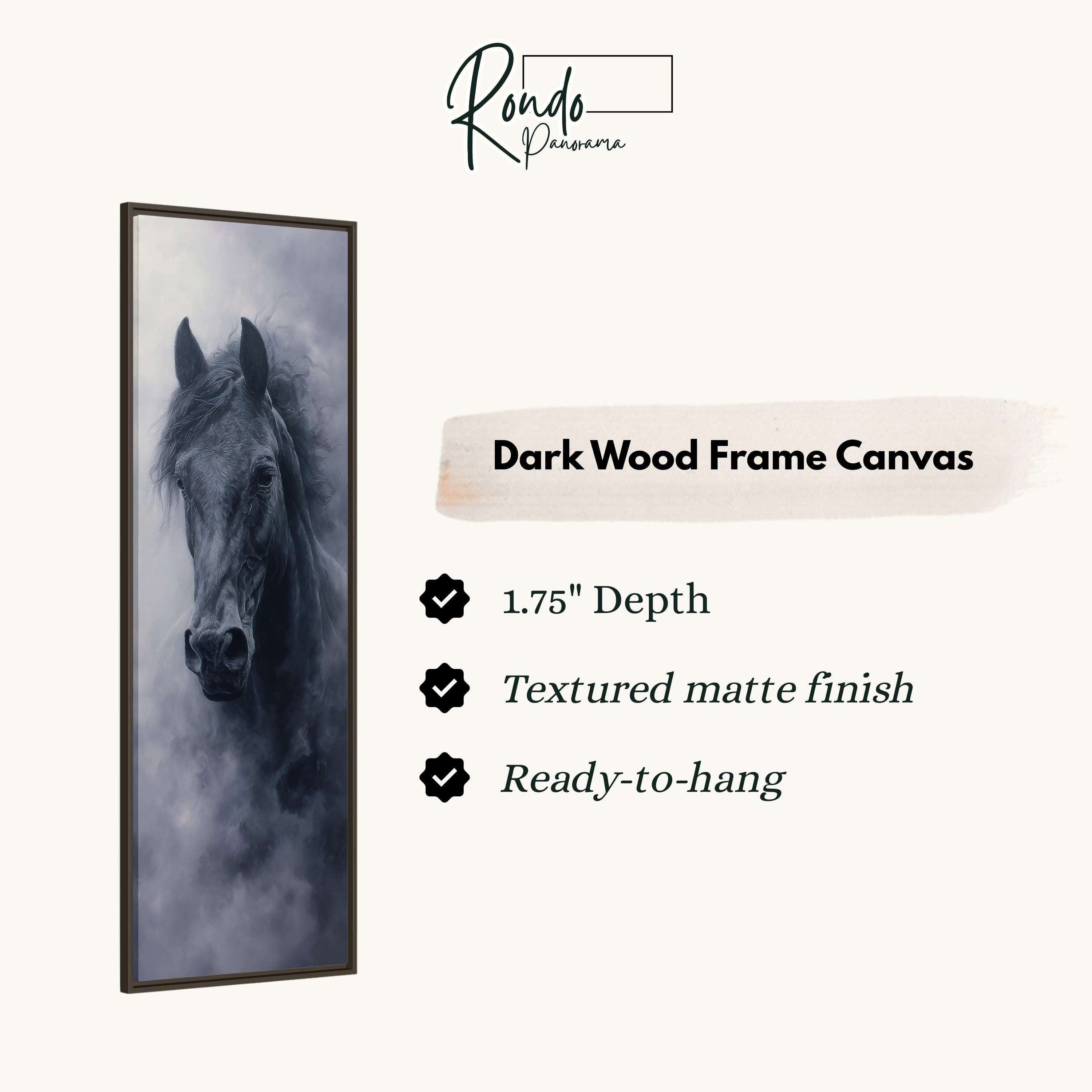 The image is a dark wood frame canvas featuring a close-up of a horse's head.