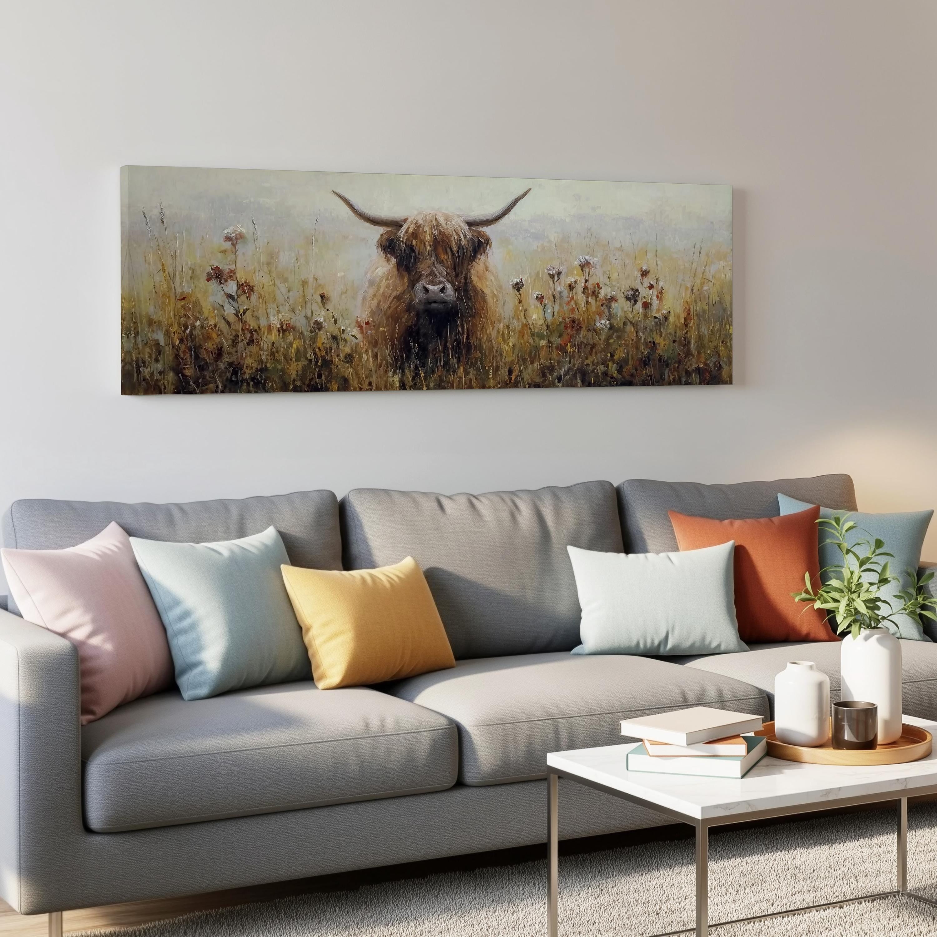 a gray couch with colorful throw pillows, and a coffee table in front of it. Above the couch, there is a large painting of a cow with horns in a field.