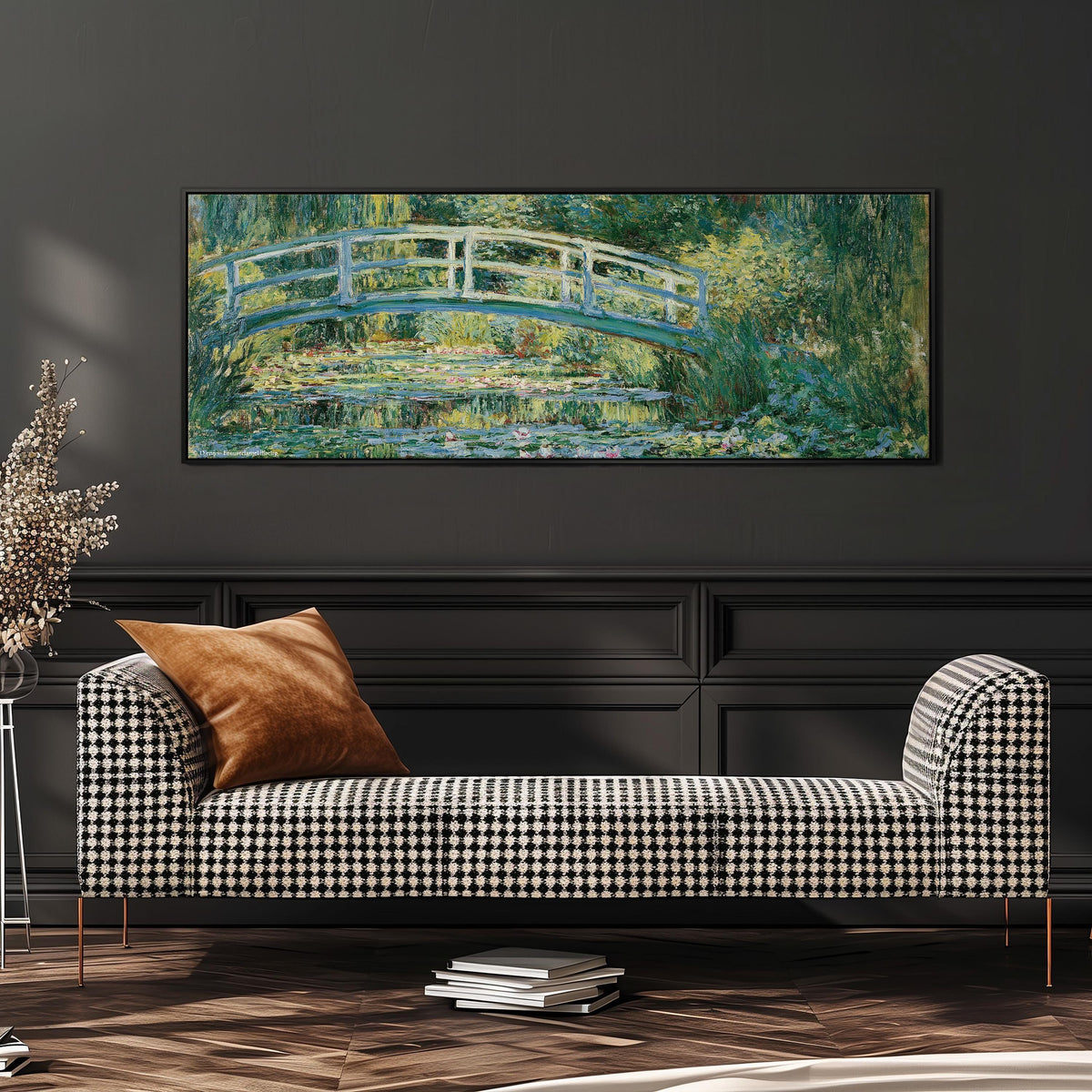 Japanese bridge over a water lily pond wide panoramic canvas print above a bench in a dark living room