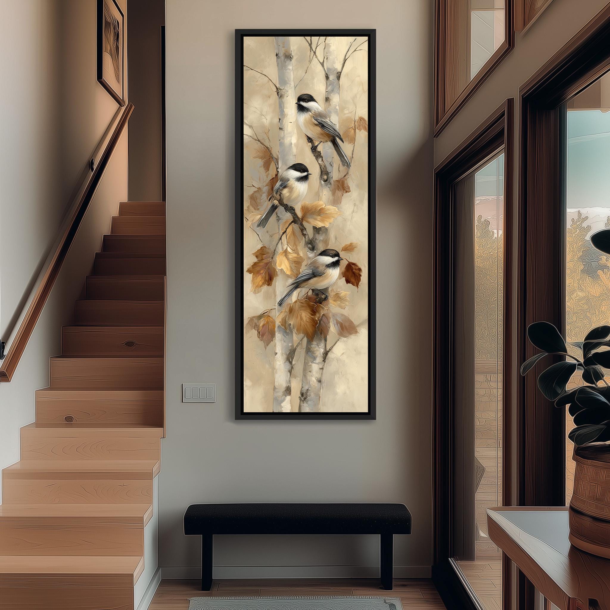 a hallway with a large painting of birds perched on a tree branch hanging on the wall. The painting is framed and appears to be the focal point of the hallway.