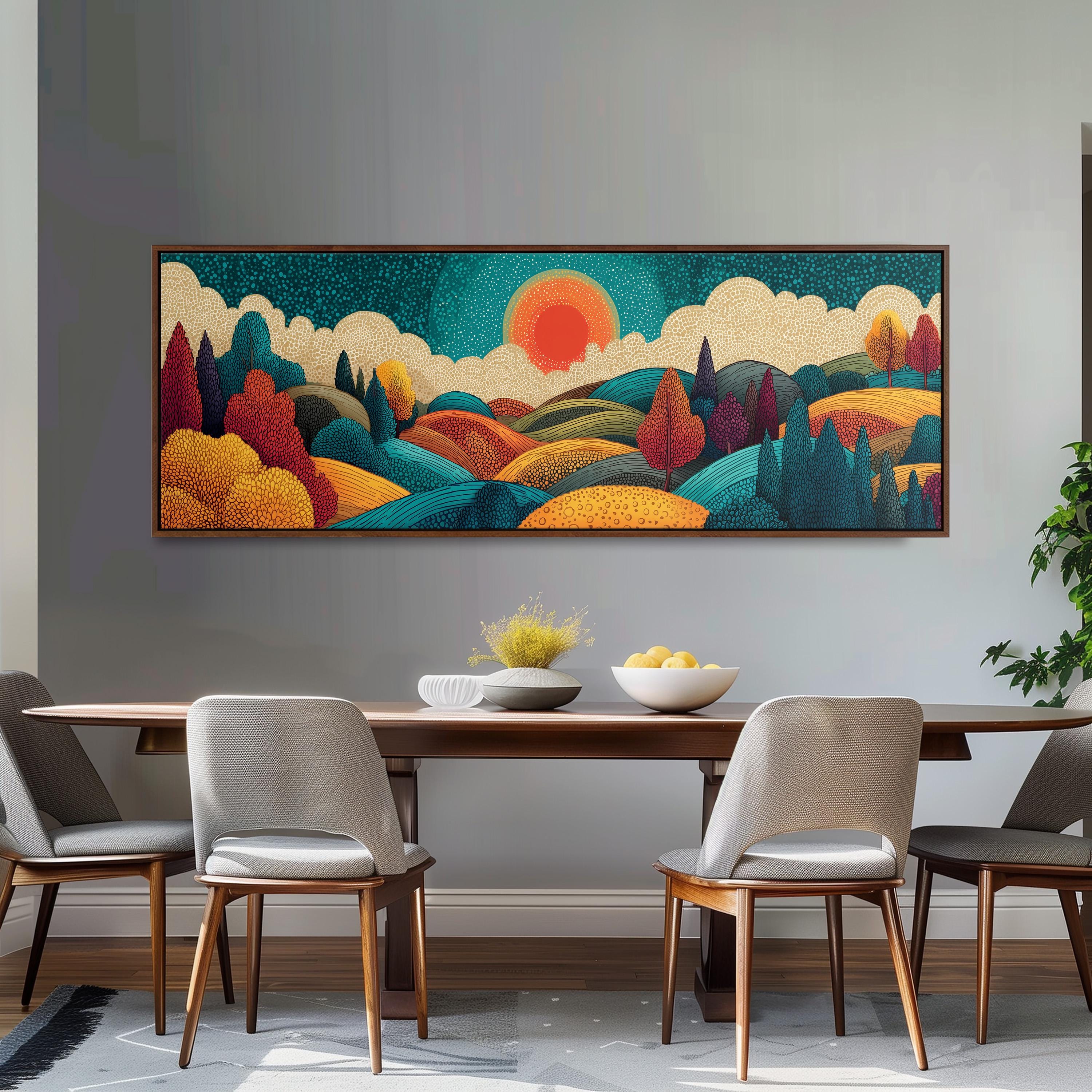 a large, colorful painting of a landscape hanging on a wall above a wooden dining table with four chairs.