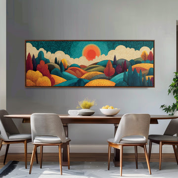 a large, colorful painting of a landscape hanging on a wall above a wooden dining table with four chairs.