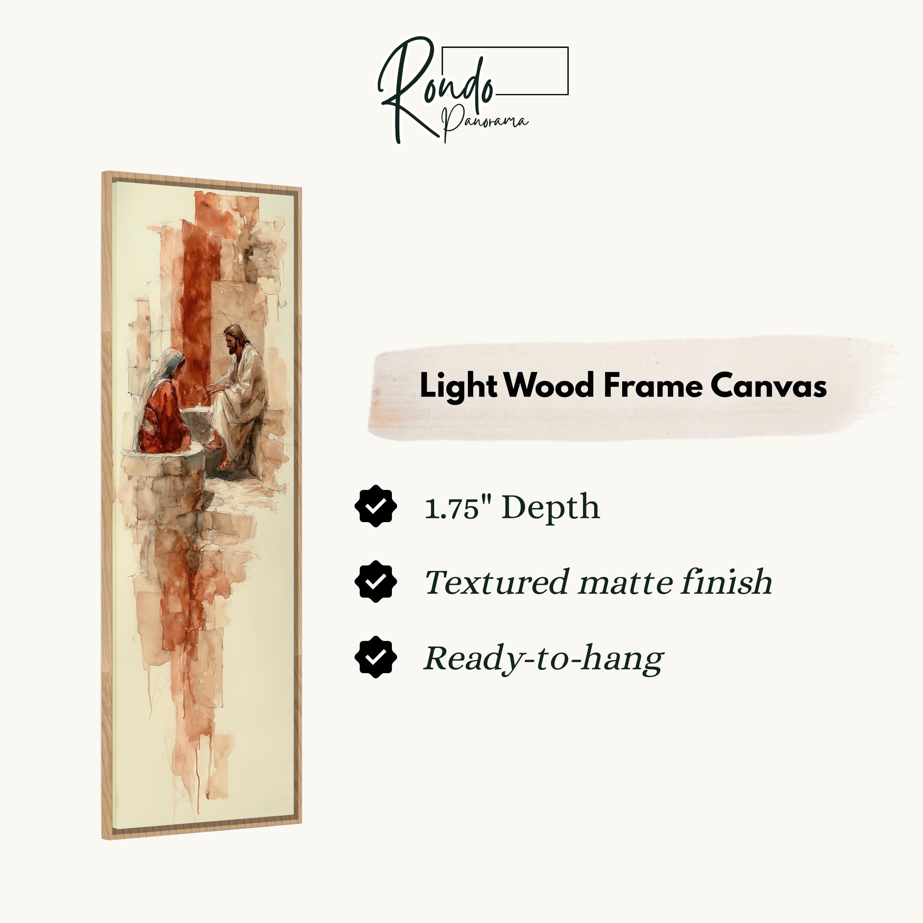 The image is a light wood frame canvas depicting a religious scene with a figure in a robe and a kneeling figure, possibly representing Jesus.