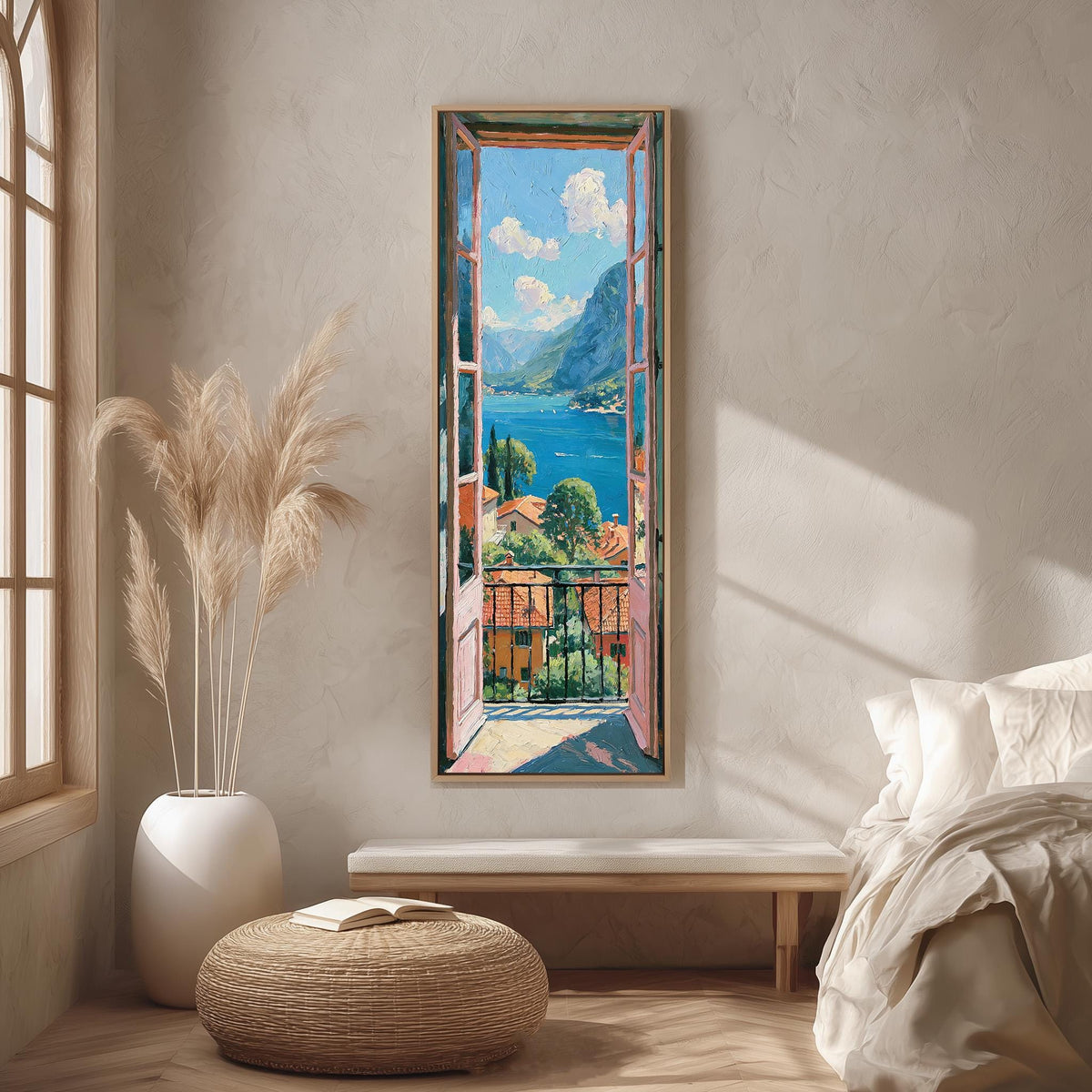 Italian lake view from an open balcony door long vertical canvas print in a bright reading corner