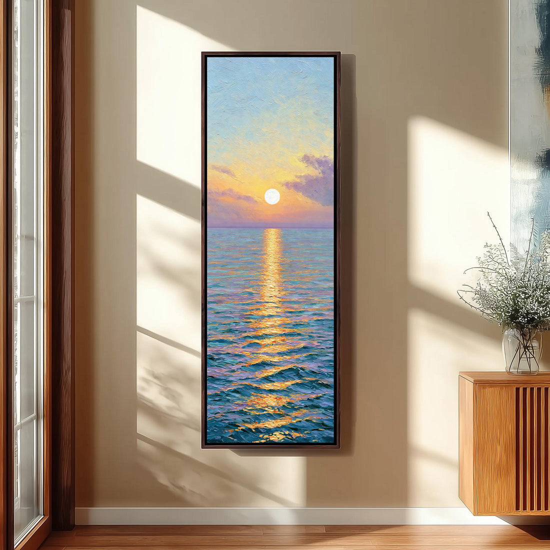 Sun setting over a pastel ocean long vertical canvas print in a sunlit living space