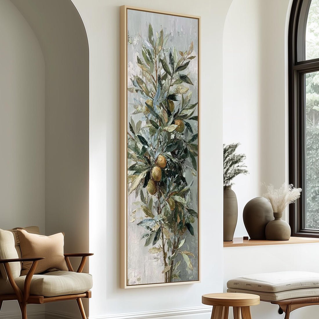 a large painting of a tree with green leaves and orange fruits hanging on a white wall in a living room setting.
