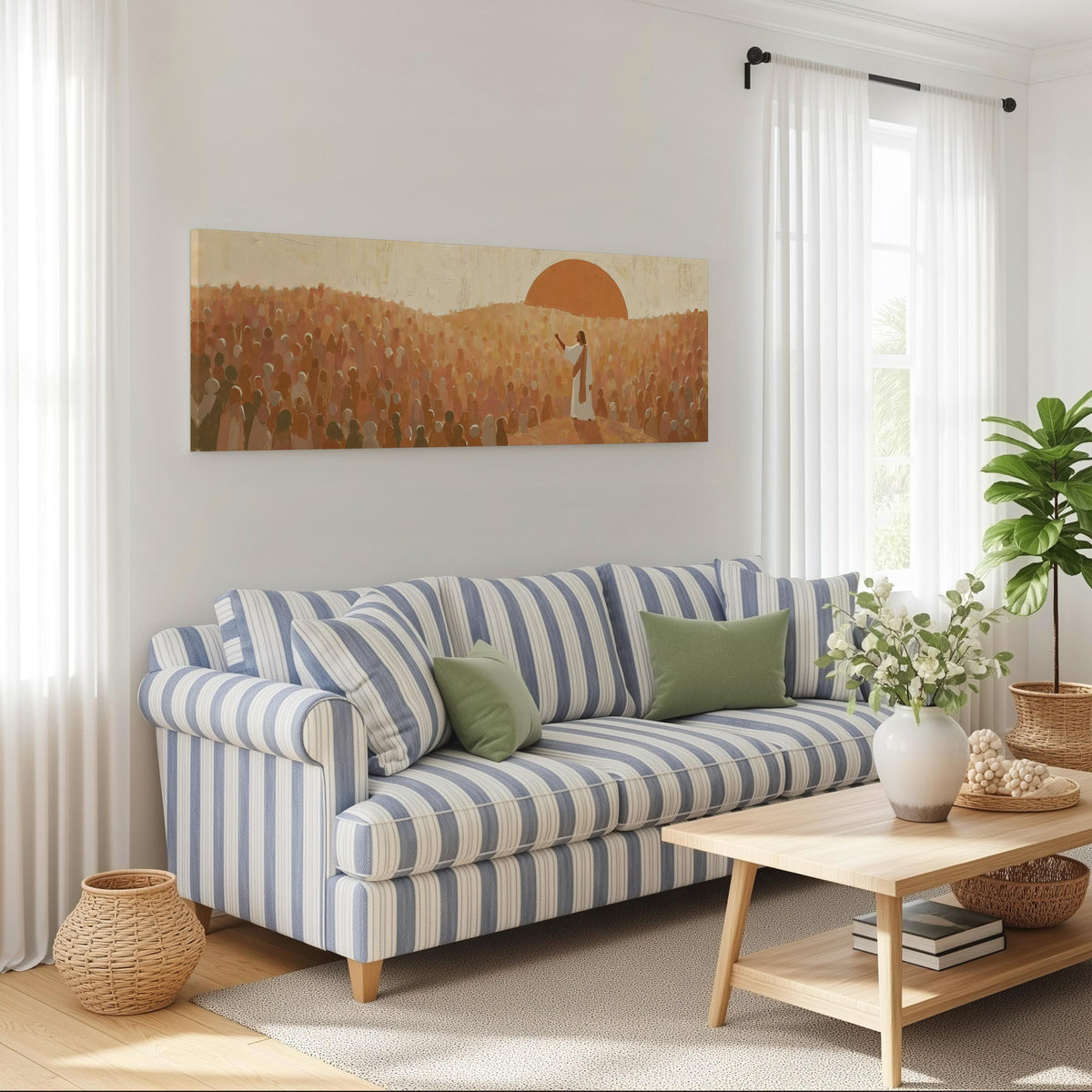 Jesus preaching to a crowd at sunset long horizontal canvas print above a striped sofa in a coastal living room