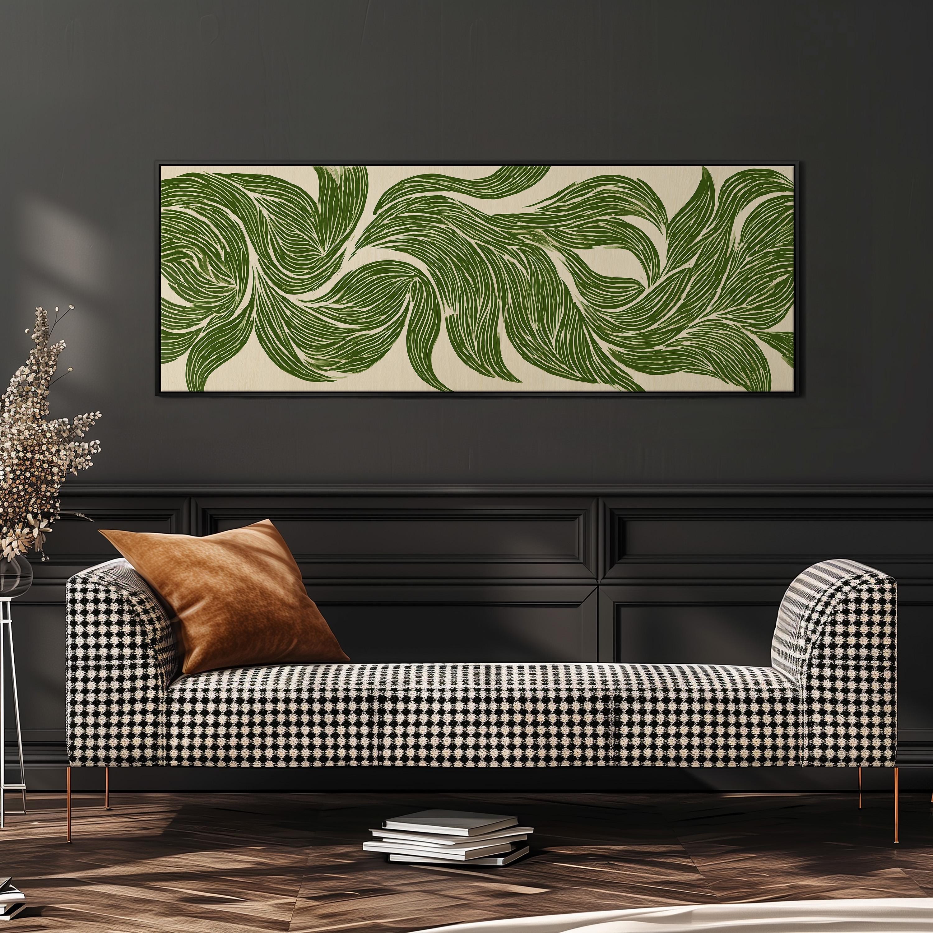a modern living room with a black and white checkered sofa, a brown throw pillow, and a large abstract painting on the wall above the sofa.