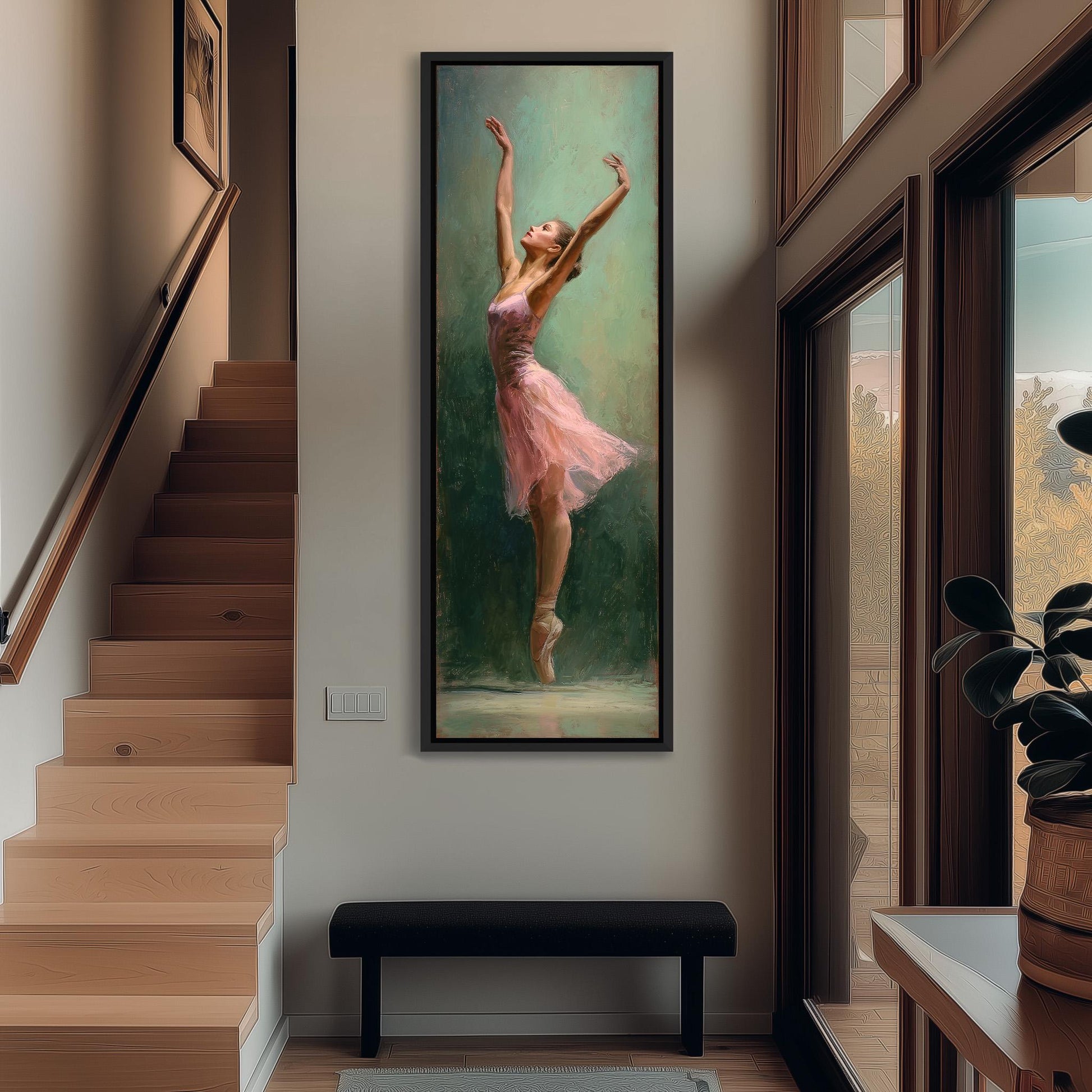 a large painting of a woman in a pink tutu, with her arms raised, hanging on a wall in a hallway.