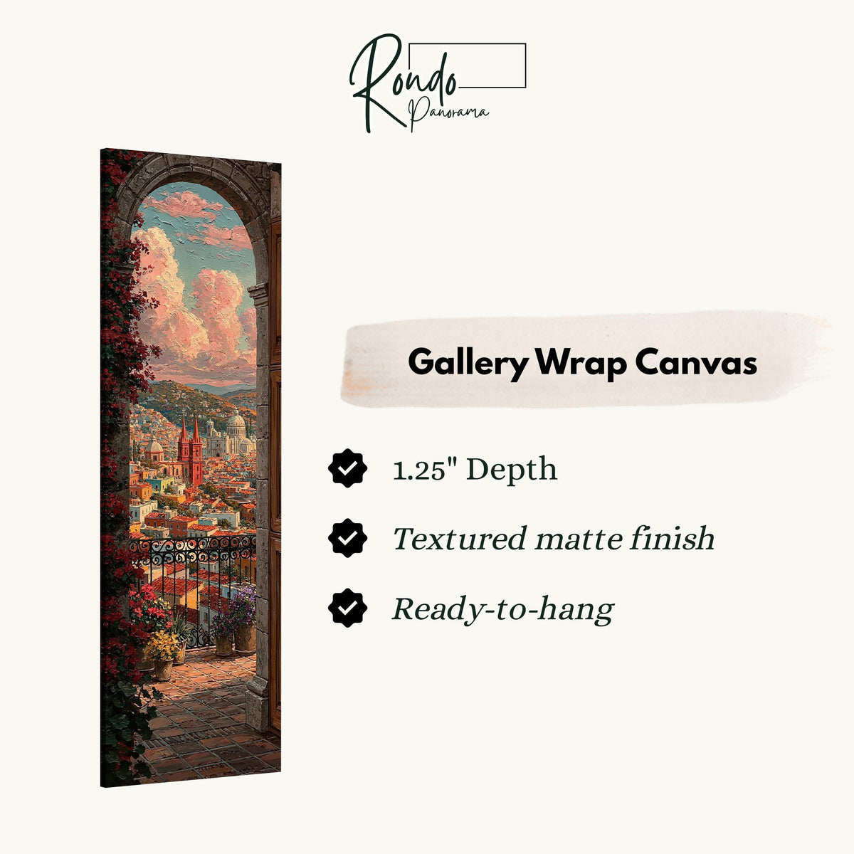 Colorful city view from a flowered balcony arch gallery wrap canvas with the image wrapped around the edges