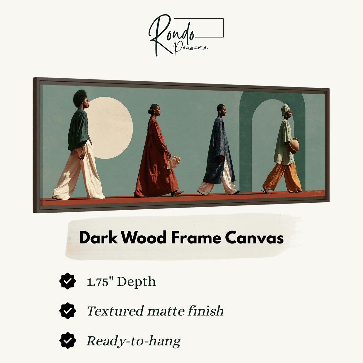 Women walking past arches and a pale moon canvas print in a dark wood floating frame