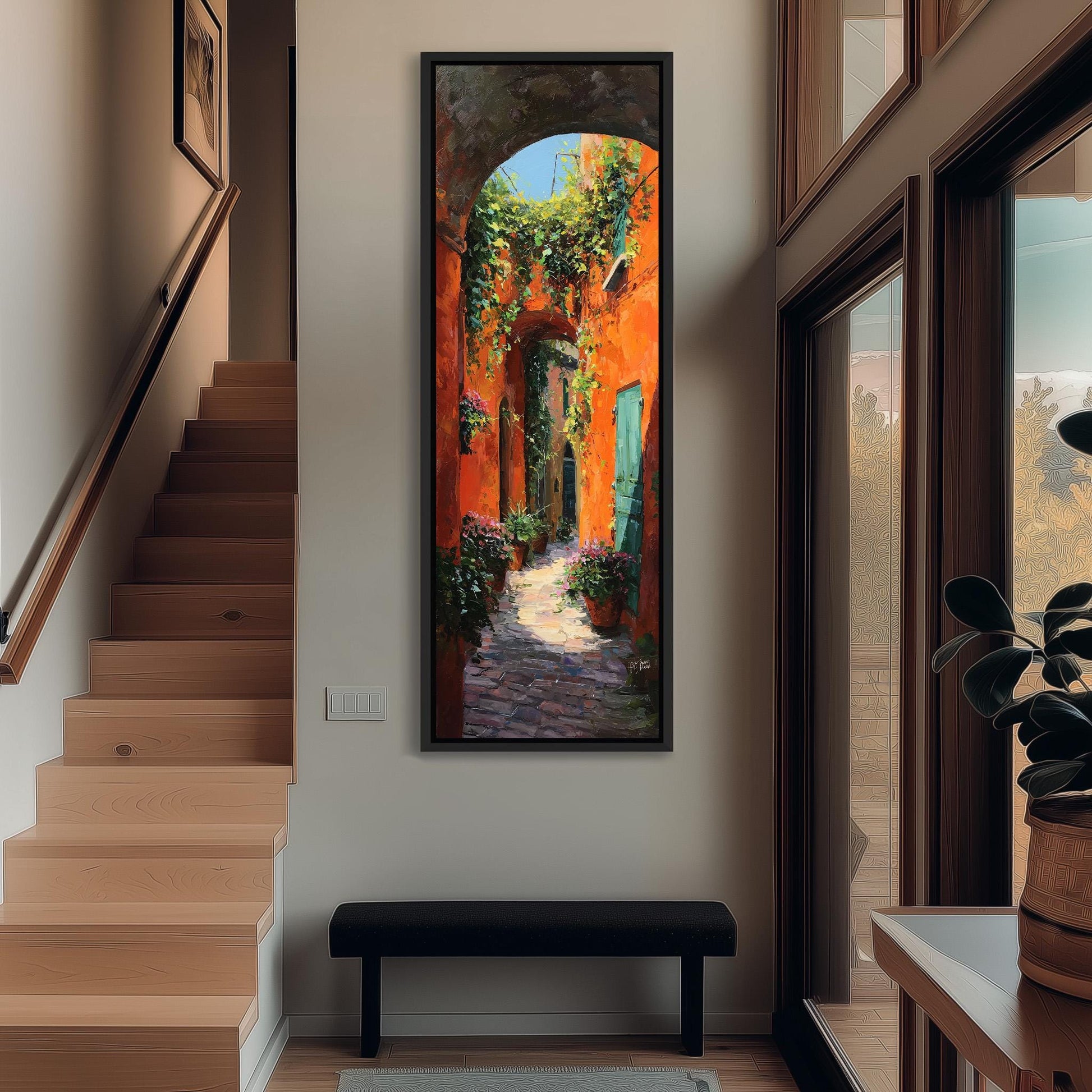 a hallway with a large painting of a colorful archway hanging on the wall. The painting depicts a path leading through a lush, green garden. The hallway has wooden stairs and a bench, creating a cozy and inviting atmosphere.