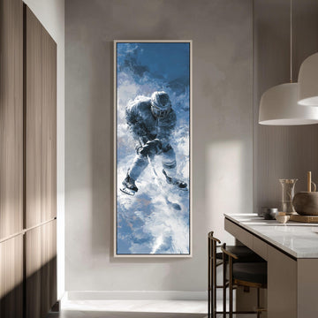 a large framed painting of a person skiing in the air, hanging on a wall in a modern kitchen.