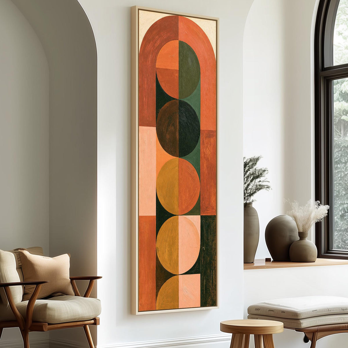 Arch and circle totem in terracotta and mustard tall skinny canvas print in a sunlit living space