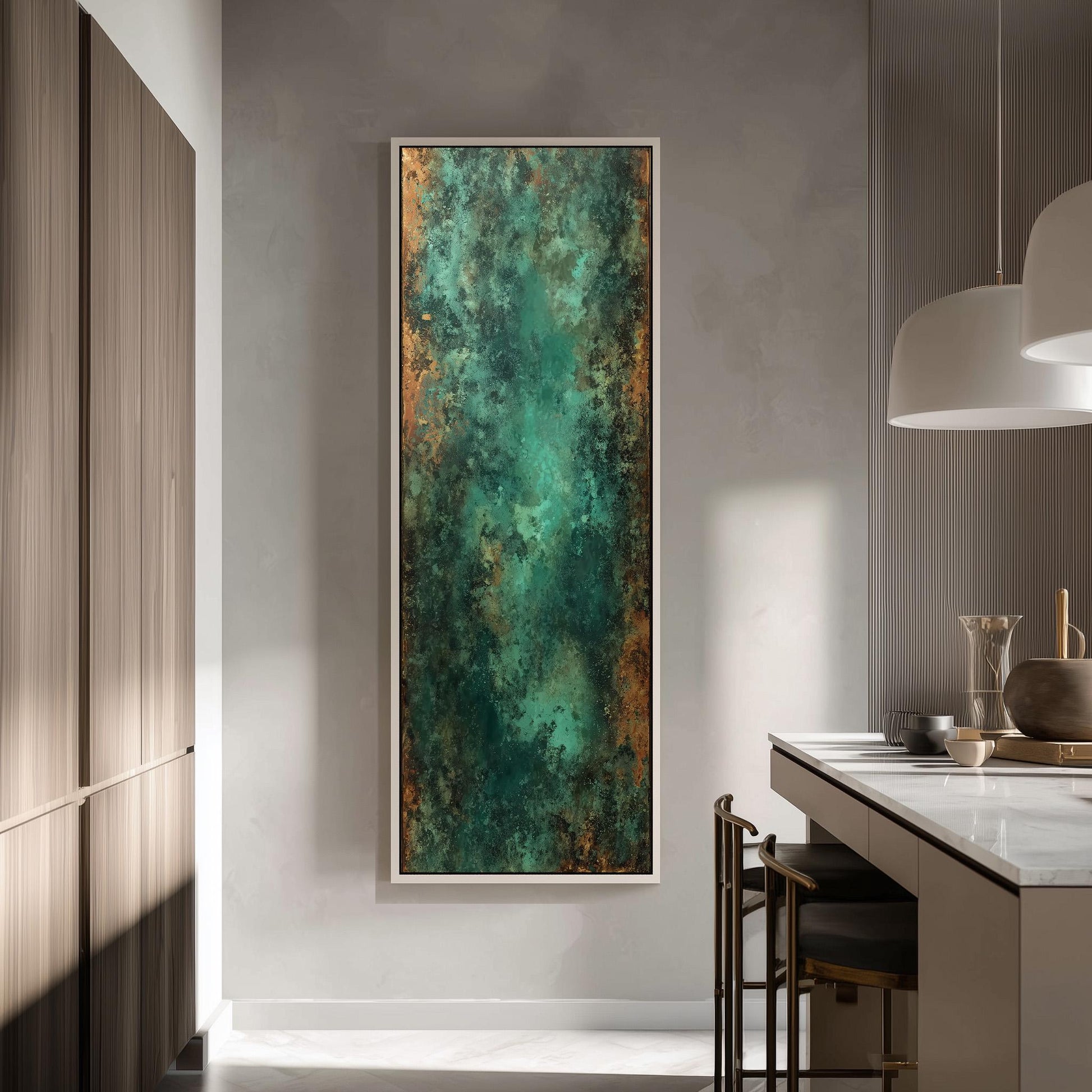 a modern kitchen with a large, abstract painting hanging on the wall above a counter. The painting has a vibrant green and brown color scheme, creating a striking contrast against the neutral tones of the kitchen.