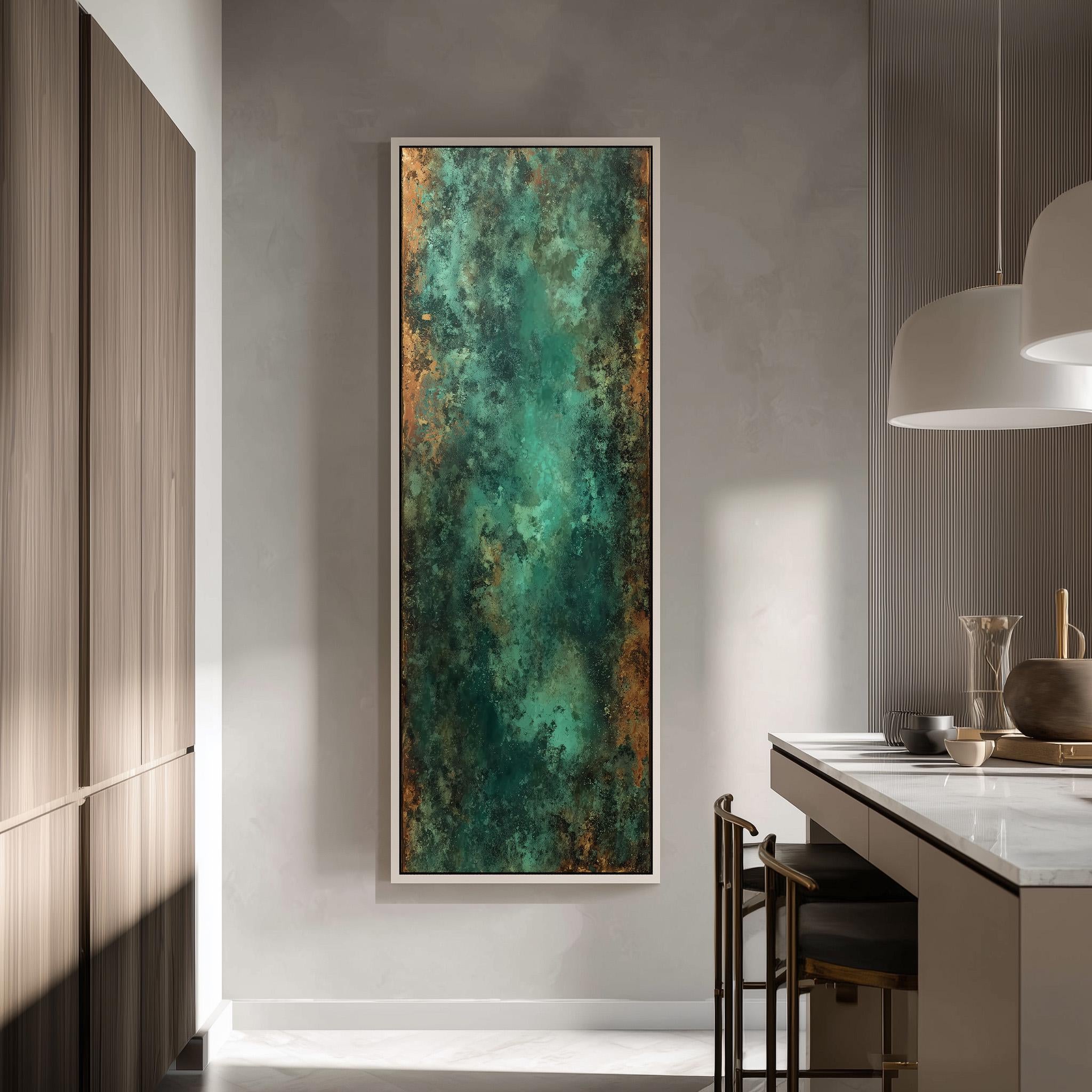 a modern kitchen with a large, abstract painting hanging on the wall above a counter. The painting has a vibrant green and brown color scheme, creating a striking contrast against the neutral tones of the kitchen.