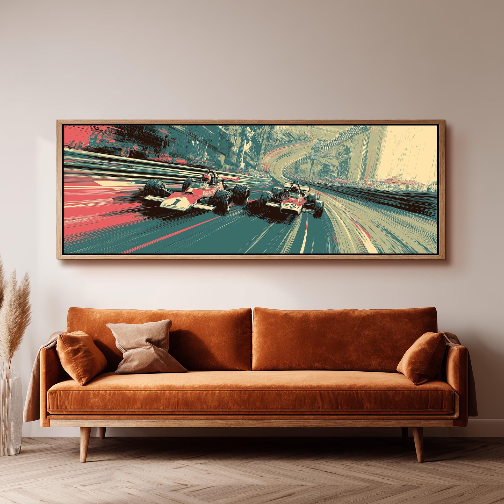 a large, colorful painting of a race car on a track, hanging on a wall above a brown sofa.