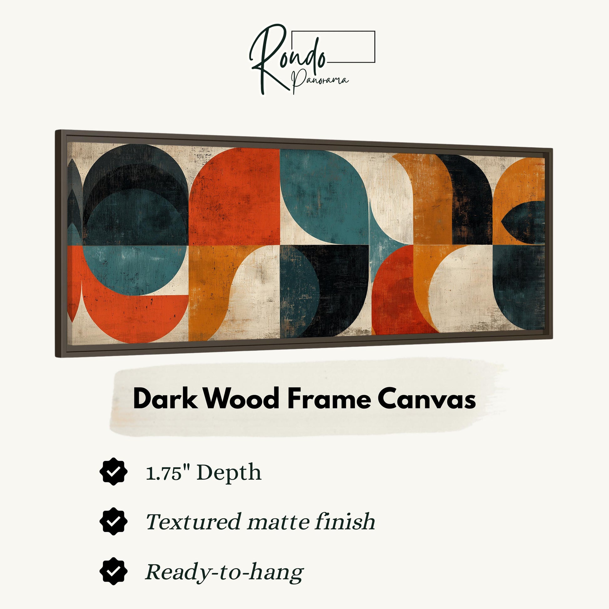 The image is a framed artwork featuring a geometric design with circles and lines in various colors, including shades of orange, blue, and green. The artwork is described as a "Dark Wood Frame Canvas" with a 1.75" depth, a textured matte finish, and a ready-to-hang condition.