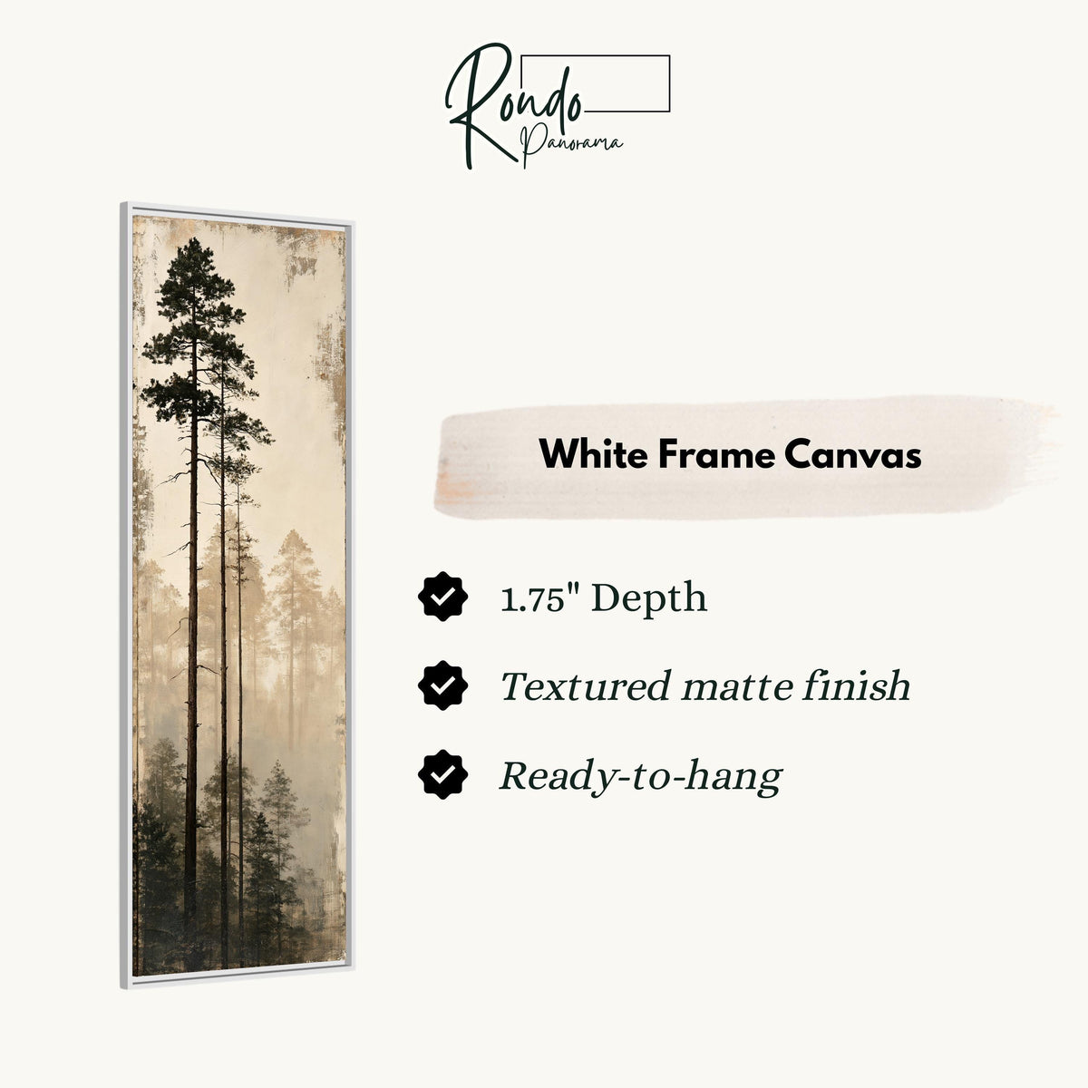 Tall pines in fog canvas print in a white floating frame
