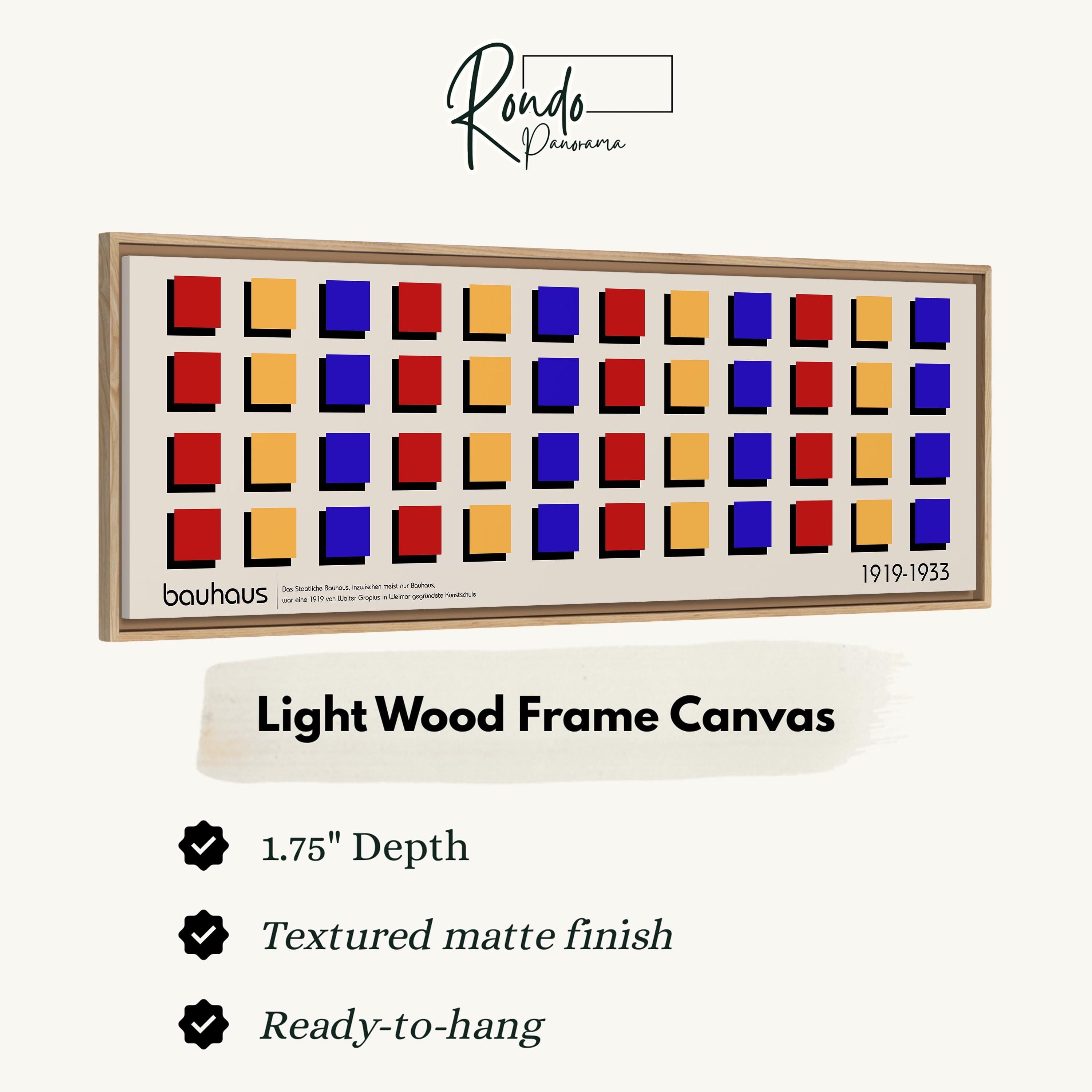 The image is a framed artwork featuring a grid of colorful squares, with a light wood frame.