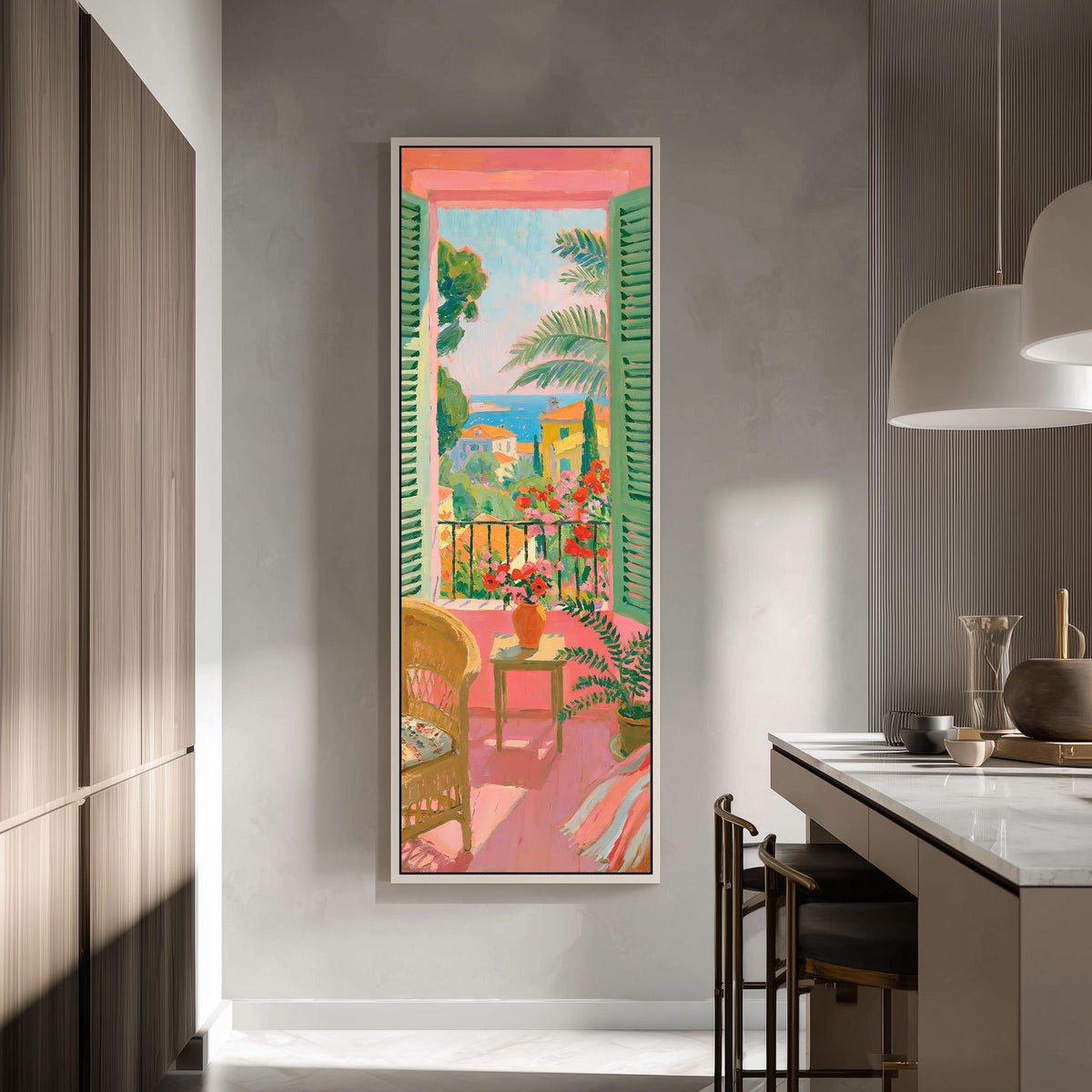 Pink balcony with flowers and a sea view tall skinny canvas print in a modern kitchen