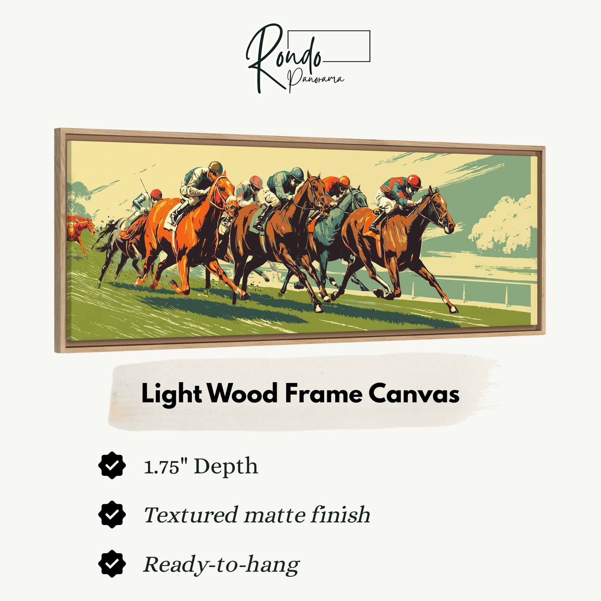 The image is a framed artwork depicting a group of jockeys racing horses on a track.