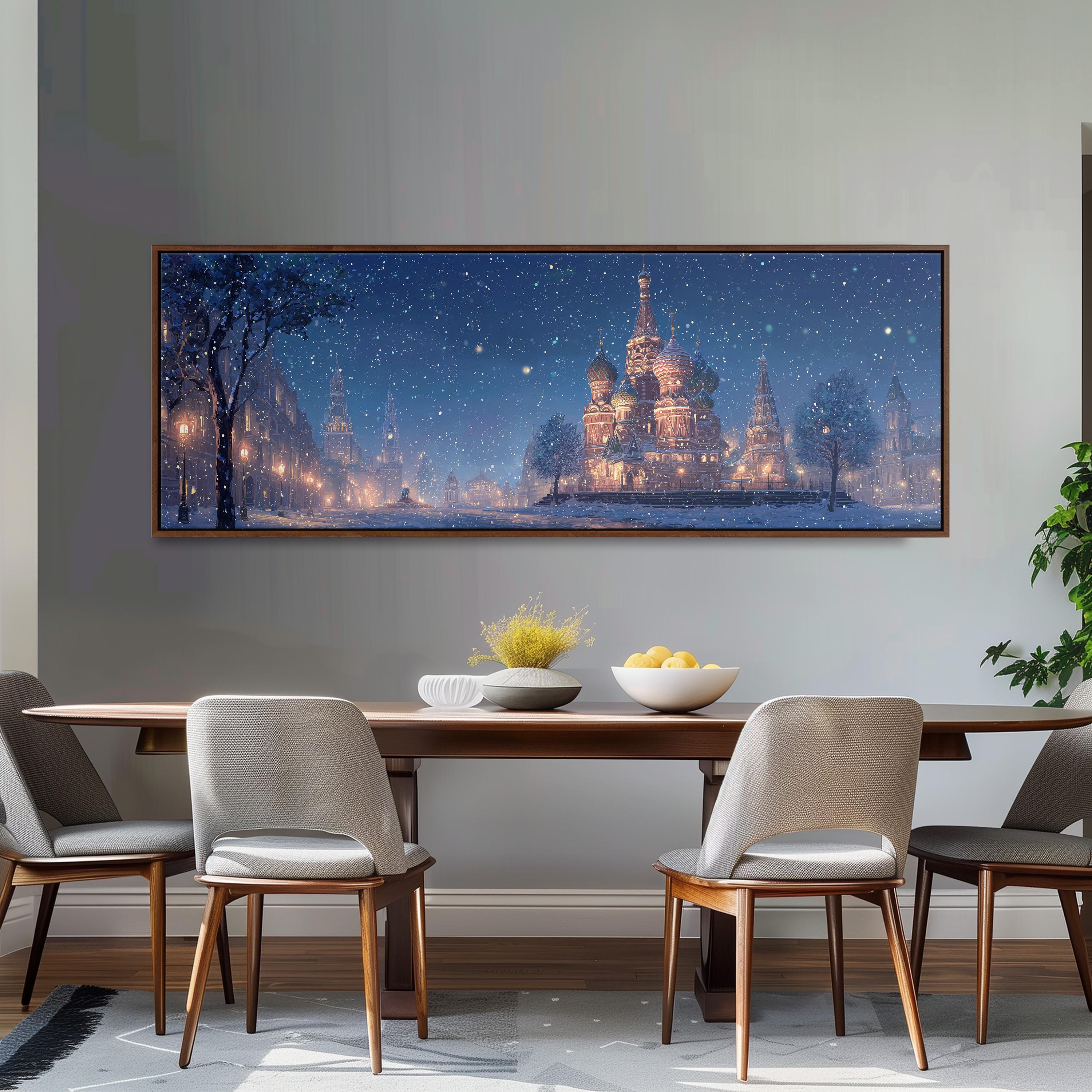 a large, framed painting of a snowy cityscape with a castle in the background, hanging on a wall above a wooden dining table with four chairs.