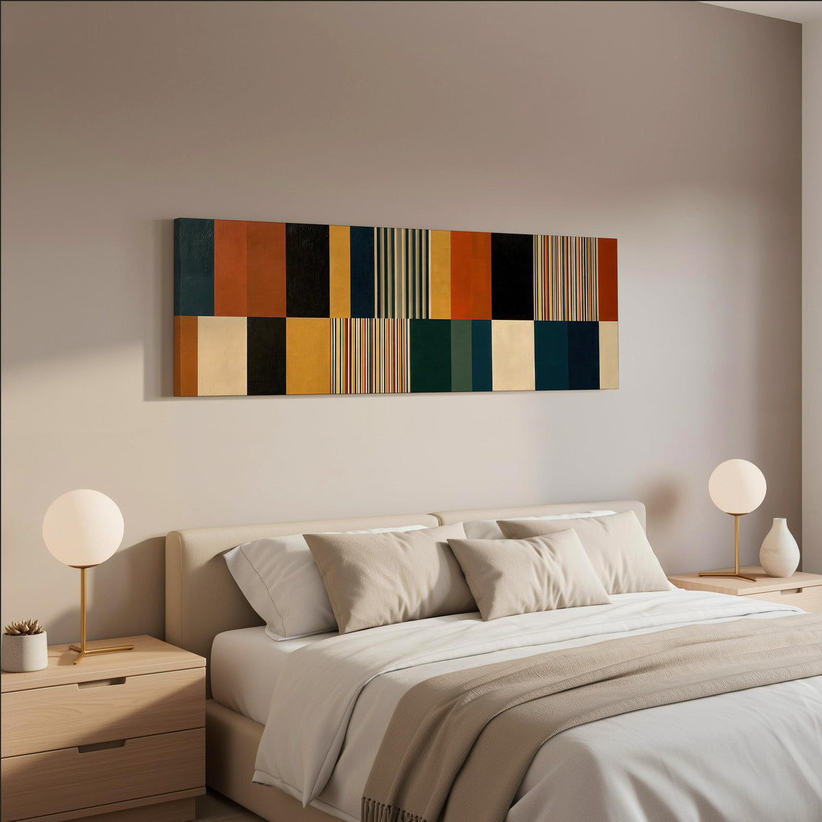Autumn and teal stripe color blocks wide panoramic canvas print above a bed in a neutral bedroom